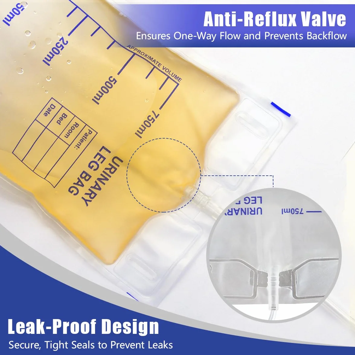 Bolsa de Drenaje de Orina 750 ML 5 Piezas con Película Antirreflujo y Válvula en T