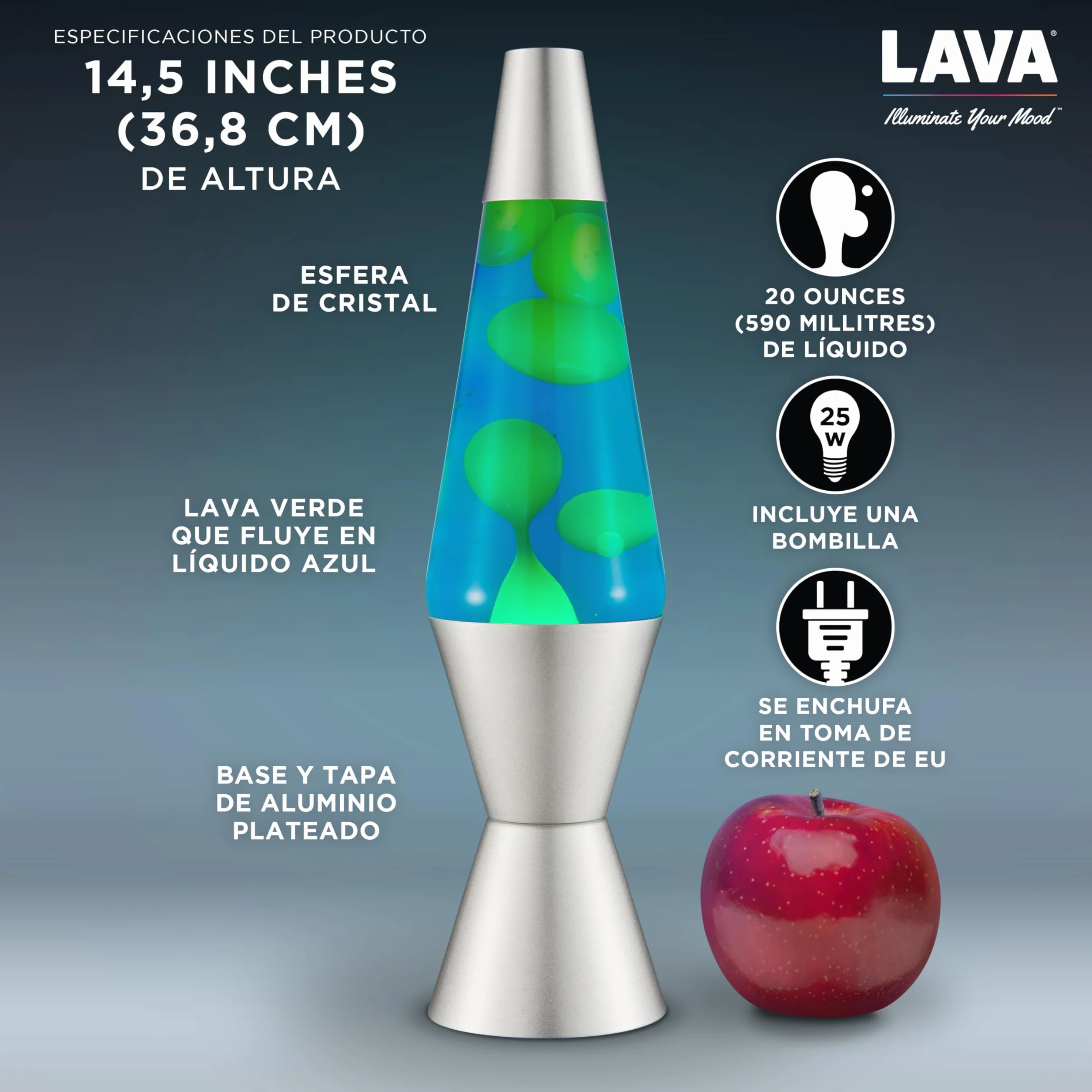 LAVA® Lámpara Lava Original 14,5 Pulgadas Verde Azul Plateado