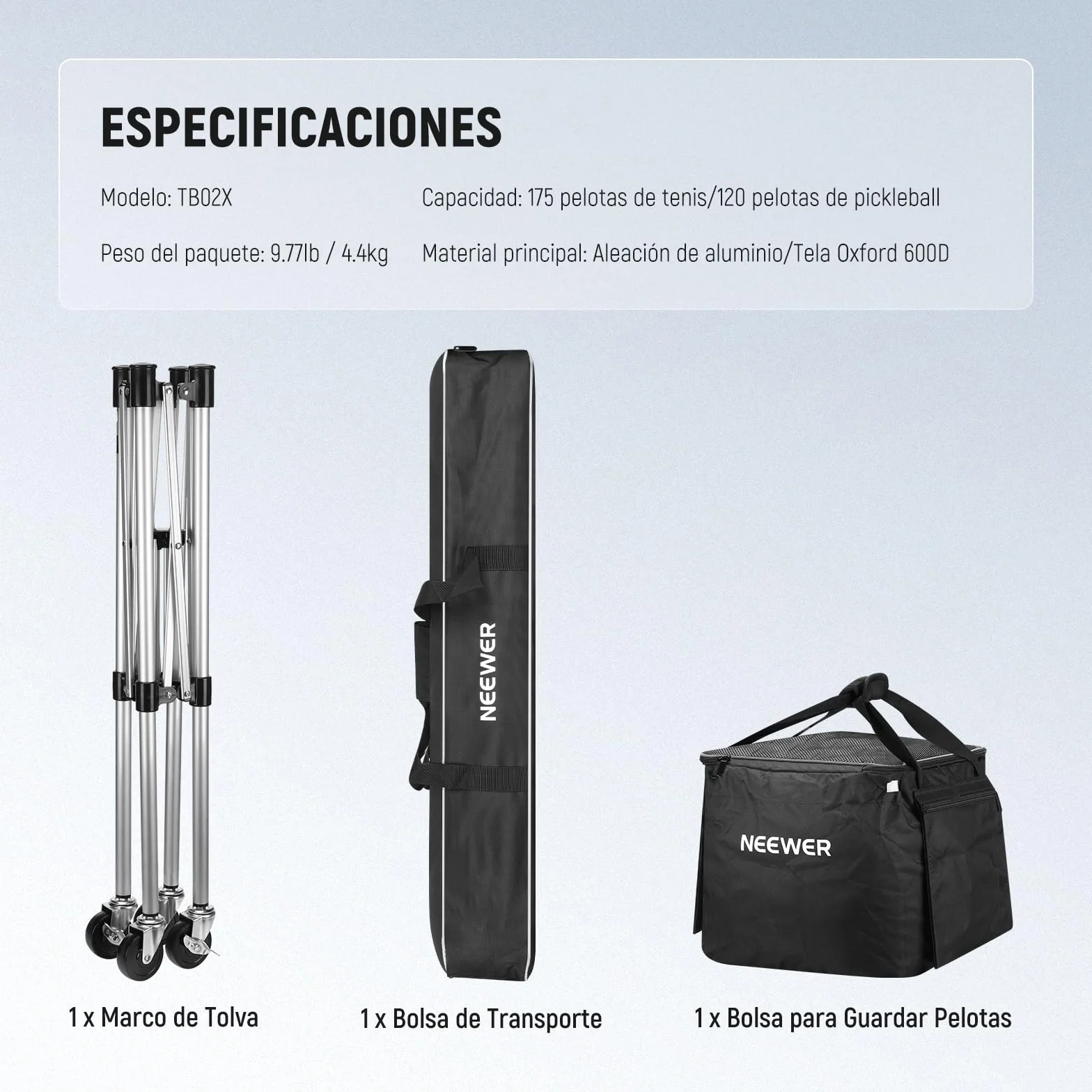 NEEWER Contenedor de Pickleball con Ruedas, Plegable Poliéster Picker Upper Hopper Carrying Basket Cart Holder con Bolsillo Lateral
