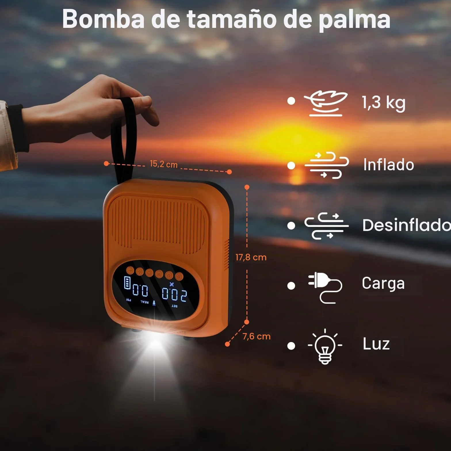 Bomba Eléctrica 20 PSI Recargable 12V con Parada Automática para Sup, Paddle, Kayak