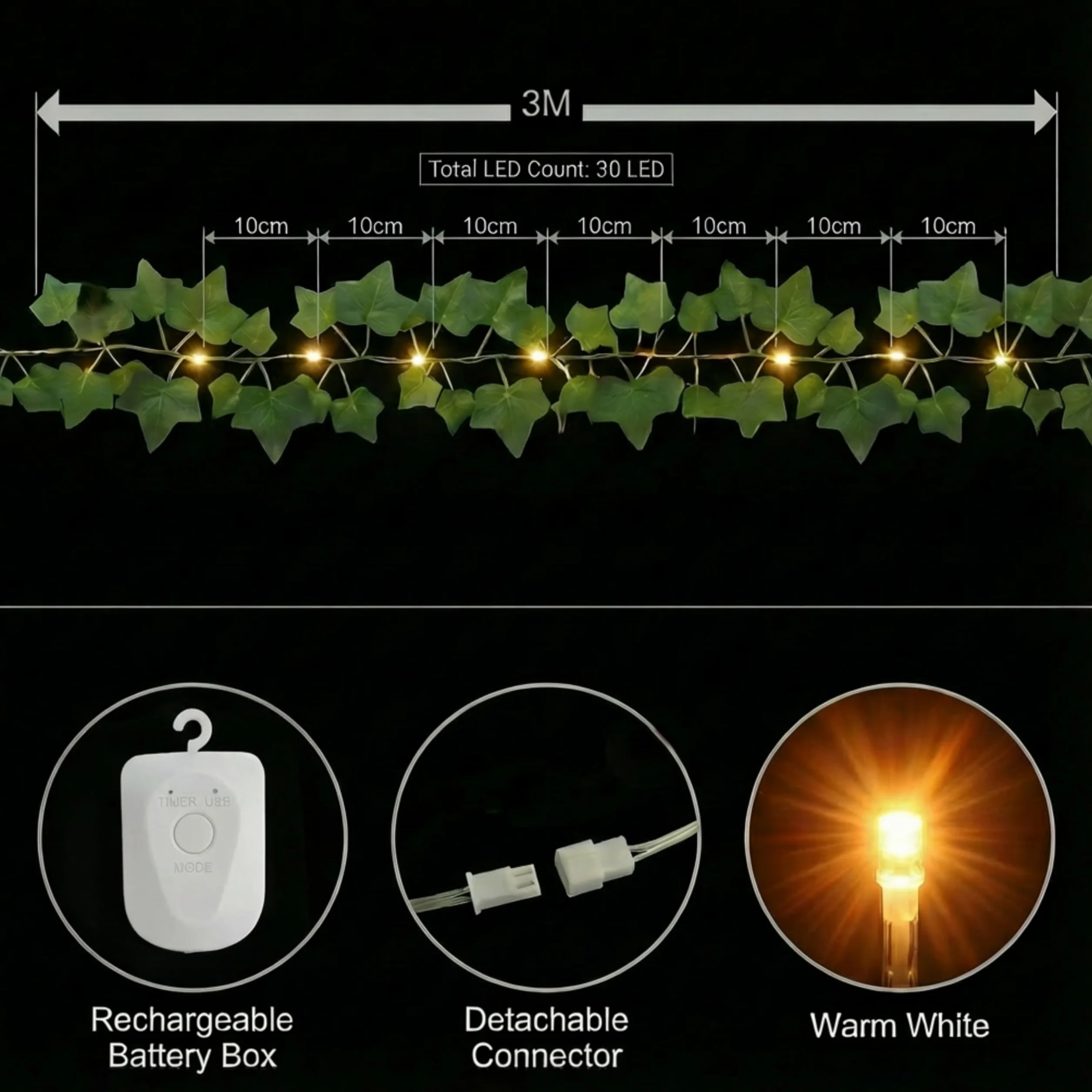 Luces LED de Hiedra Artificial 3M 30 LED, Guirnalda con Temporizador 8 Modos, USB para Interiores