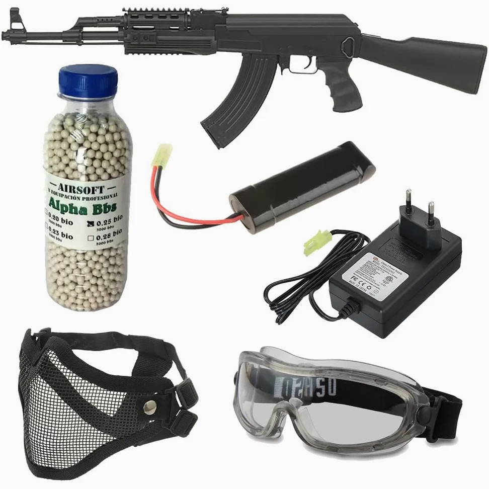 Pack Airsoft Rifle eléctrico CM.520 AK47 Negro con batería, Cargador de batería, Cargador de Bolas, Gafas homologadas, máscara Facial y Botella de 3000 Bolas. Potencia 1 Julio