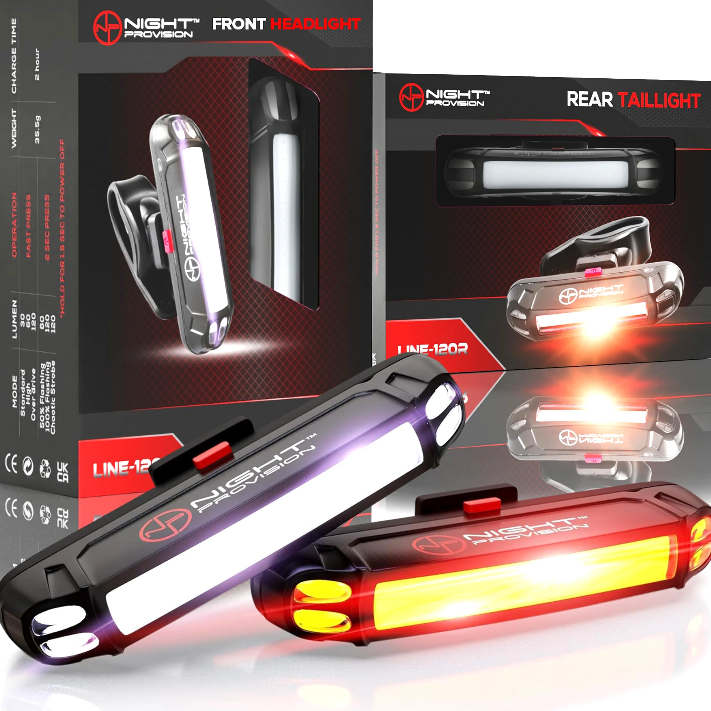 Night Provision - Juego de luces para bicicleta delanteras y traseras recargables con USB-C, para faros delanteros, luces traseras y traseras, la mejor seguridad para monopatín, longboards, carretera