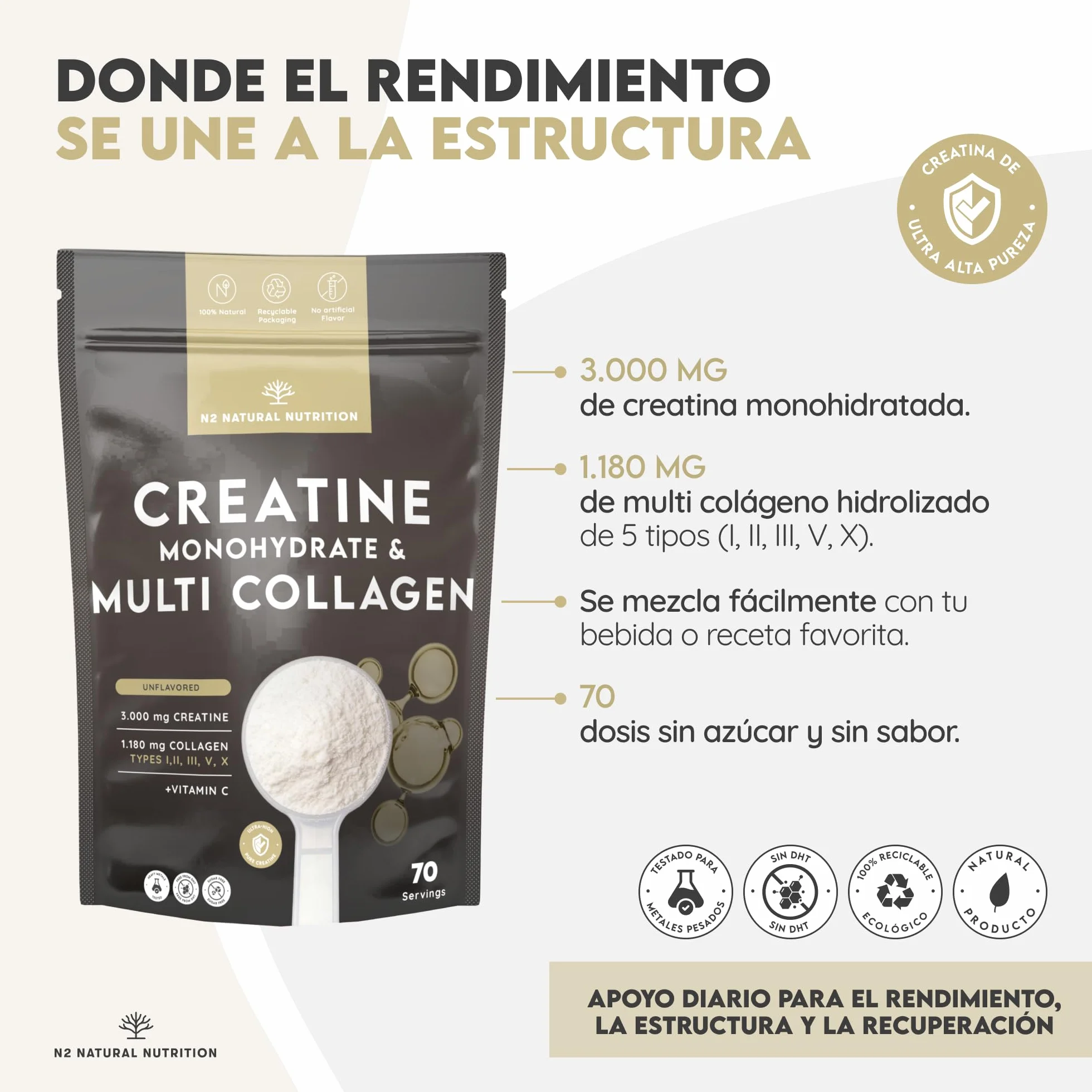 N2 Natural Nutrition Creatina Monohidratada + Multi Colágeno Hidrolizado con Vitamina C en polvo 3000mg 70 Dosis