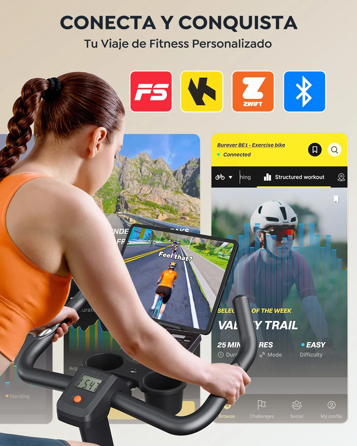 2026 Burever Bicicleta Estática para Casa con APP, Bicicleta estatica Silenciosa con Resistencia Magnética 0-100%, Pantalla LCD, Soporte para Mancuernas y Portavasos, Volante 15 KG, MAX 160KG