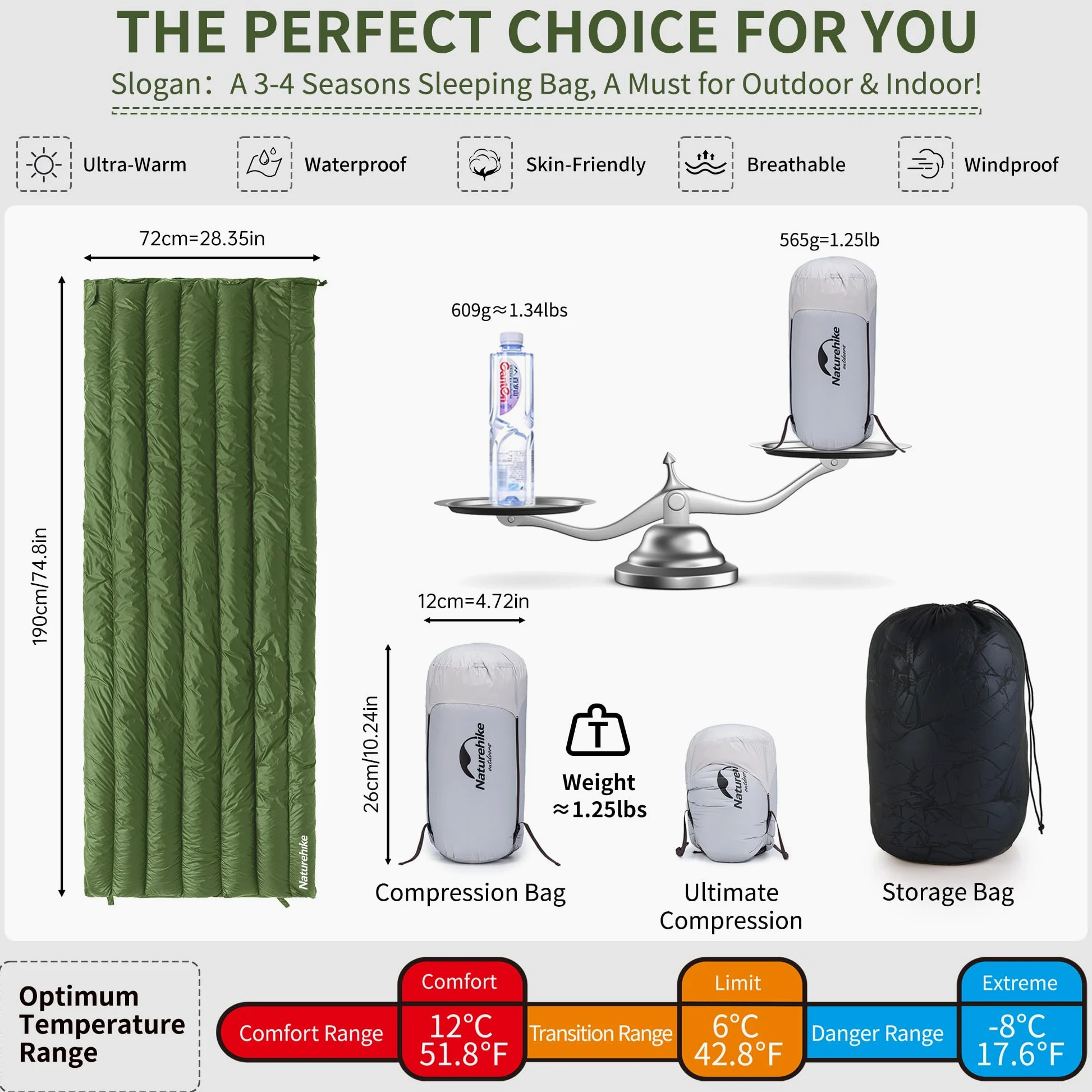 Naturehike Saco de Dormir Ultraligero y Envolvente para Adultos, 3-4 Estaciones, Saco de Dormir Impermeable para Camping, Senderismo, montañismo, Interior, Exterior, plumón de Pato