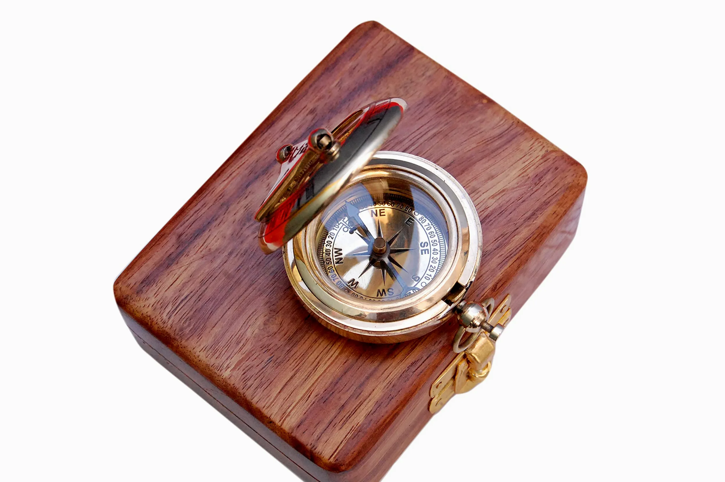 Brújula náutica de latón con caja de madera, reloj solar de latón antiguo y cobre para camping, senderismo, turismo, regalo grabado para él, reloj náutico, regalo de brújula