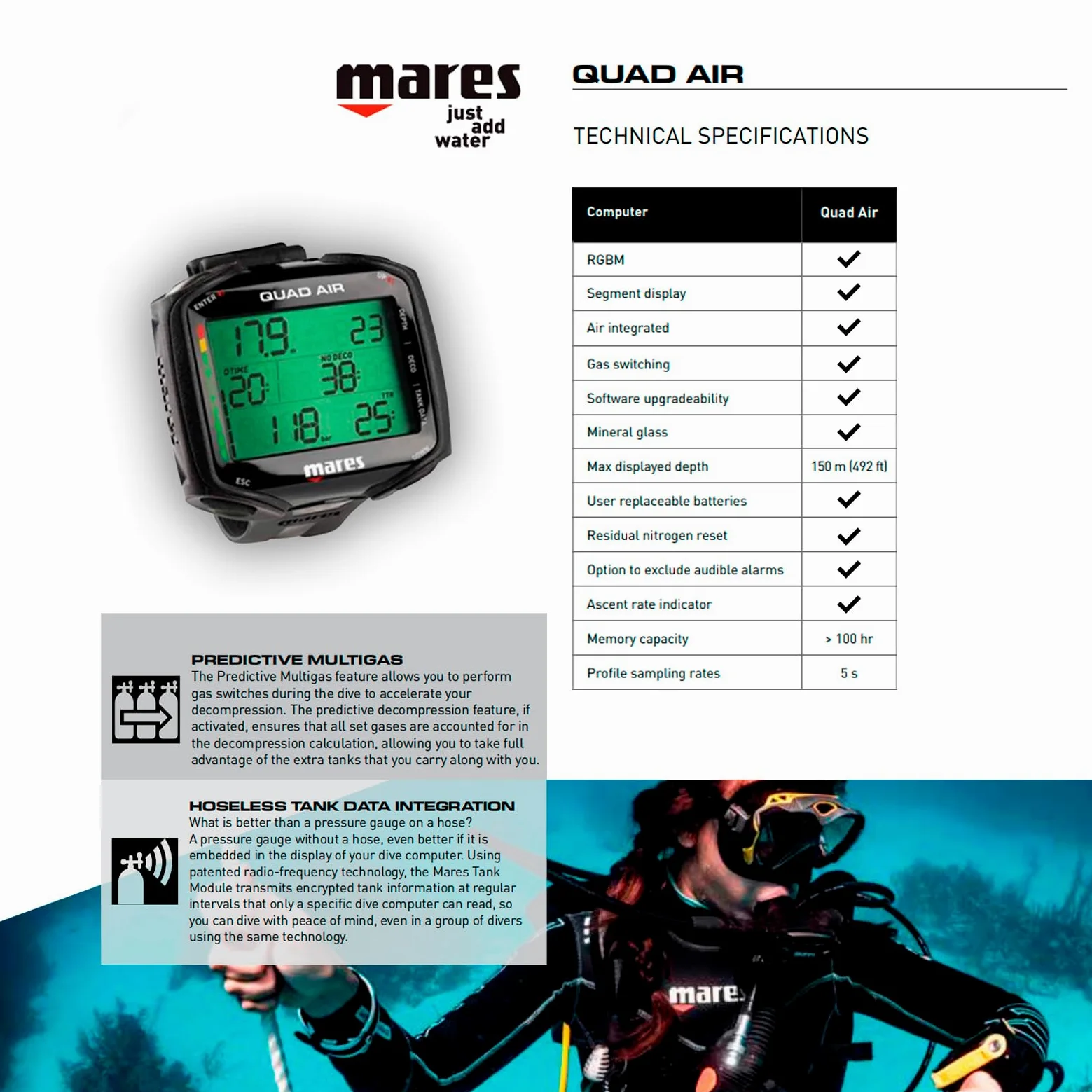 MARES Quad Air Smart Wrist Underwater - Ordenador de buceo subacuático, negro - TBK (414169-BKTB)
