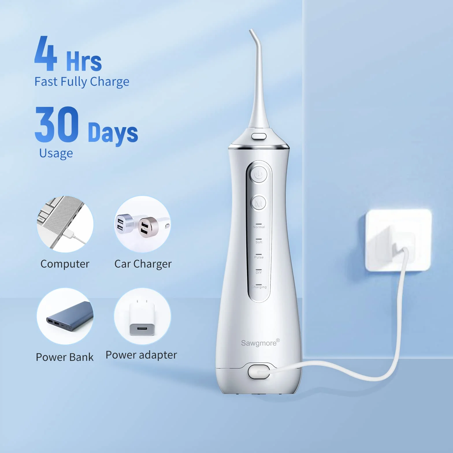 Sawgmore Irrigador Bucal Portatil, Recargable USB, Impermeable IPX7, 4 Modos y 4 Boquillas