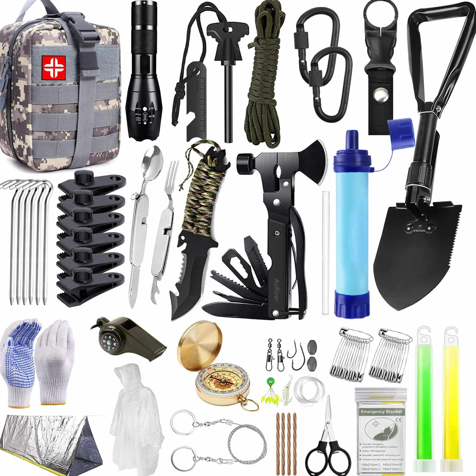 Kit de Supervivencia, Equipo de Emergencia con Filtro de Agua, Kit Supervivencia con Cuchillo de Caza, Kit de Primeros Auxilios para Viajar Caminar Acampar al Aire Montaña (Camuflaje)