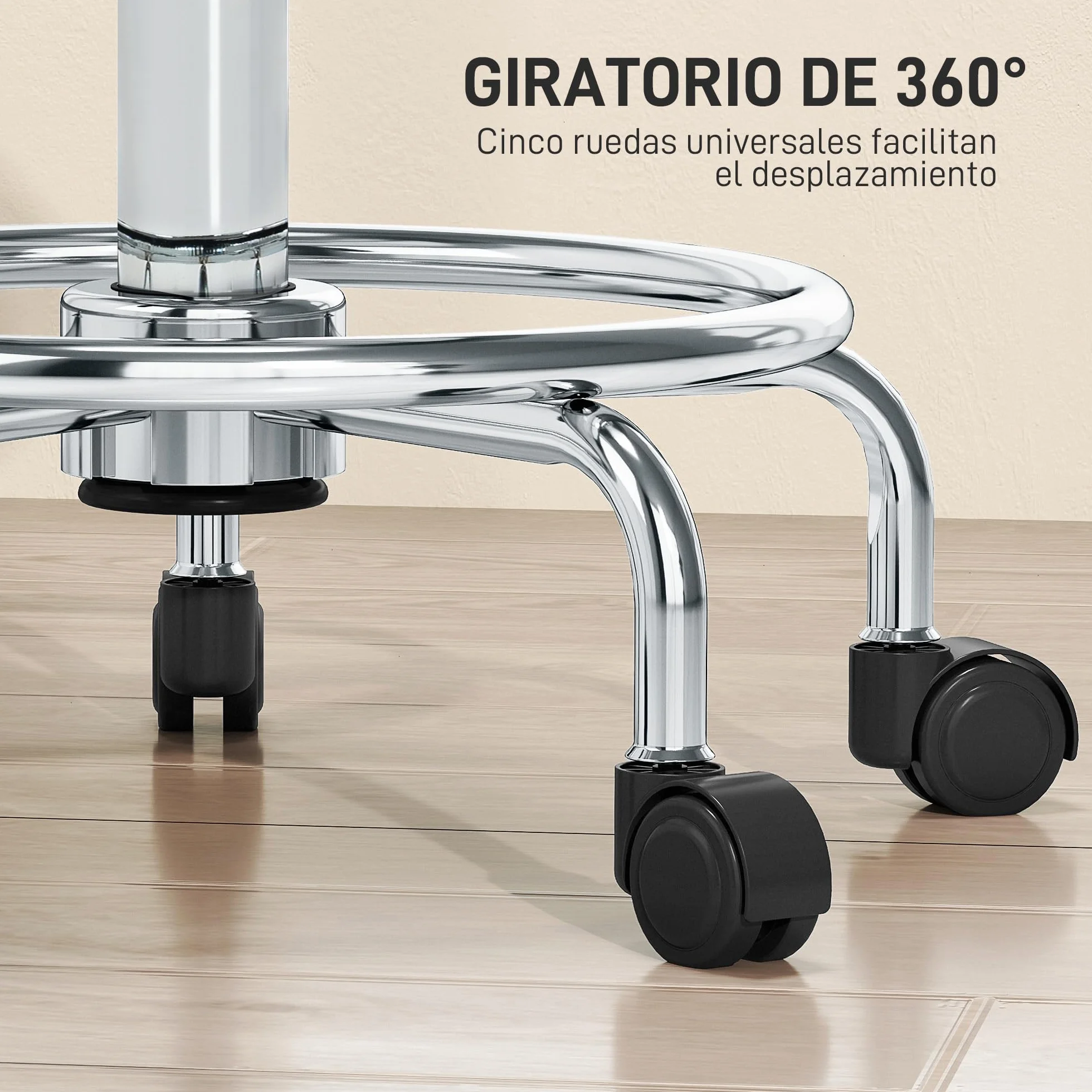 HOMCOM Taburete Giratorio con Ruedas Altura Regulable 50-66 cm Asiento Tapizado Cuero Sintético Blanco