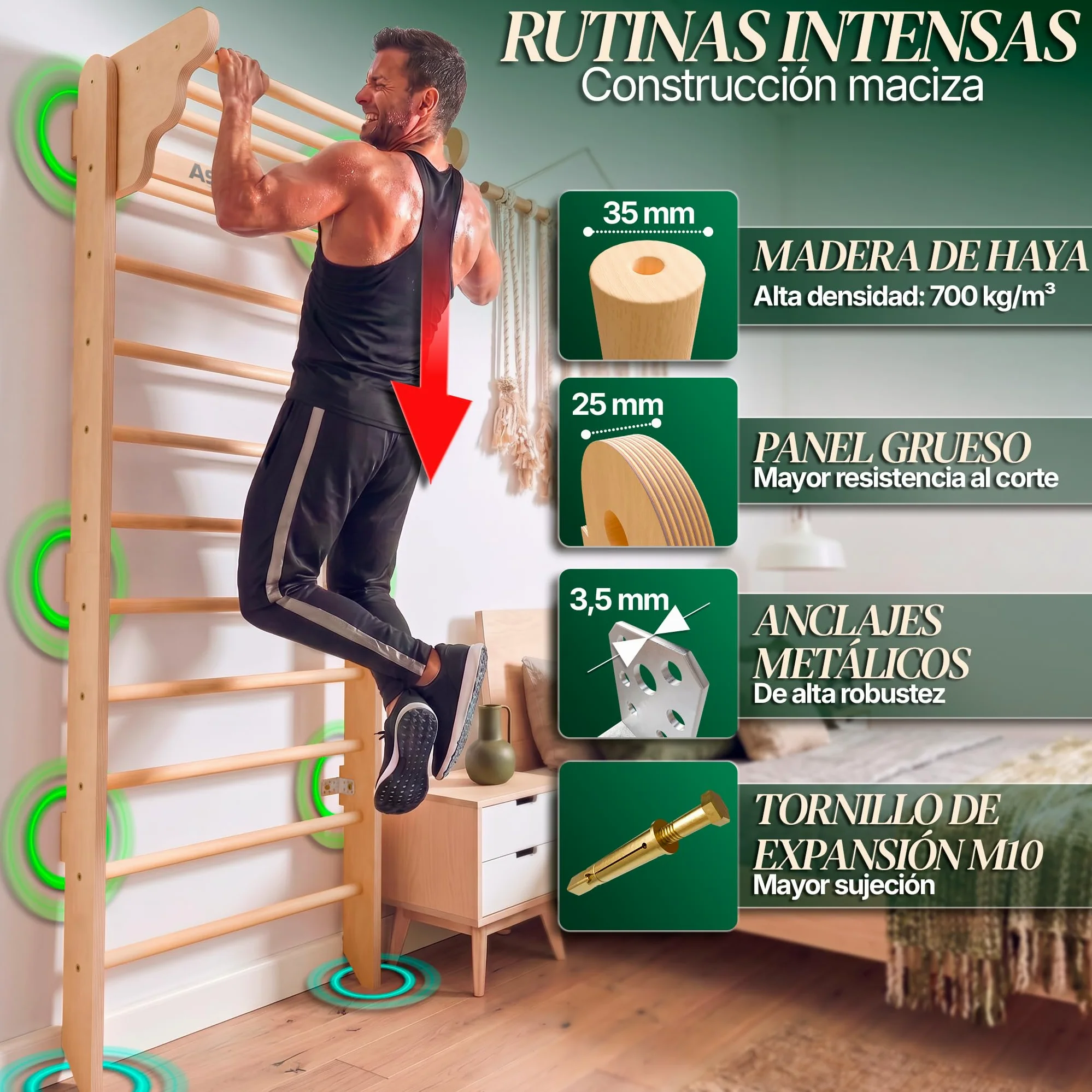 Espaldera Gimnasio Casa con Barra de Dominadas | Escalera Sueca Madera | Soporta hasta 150 kg | Montaje Fácil, Todo Incluido