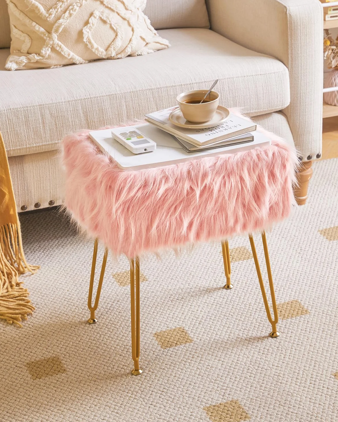 IBUYKE Rectangular Faux Fur Vanity Stool with Storage, Makeup Chair Ottoman, Soft Padded Seat, Round Footrest, Metal Legs, Pink