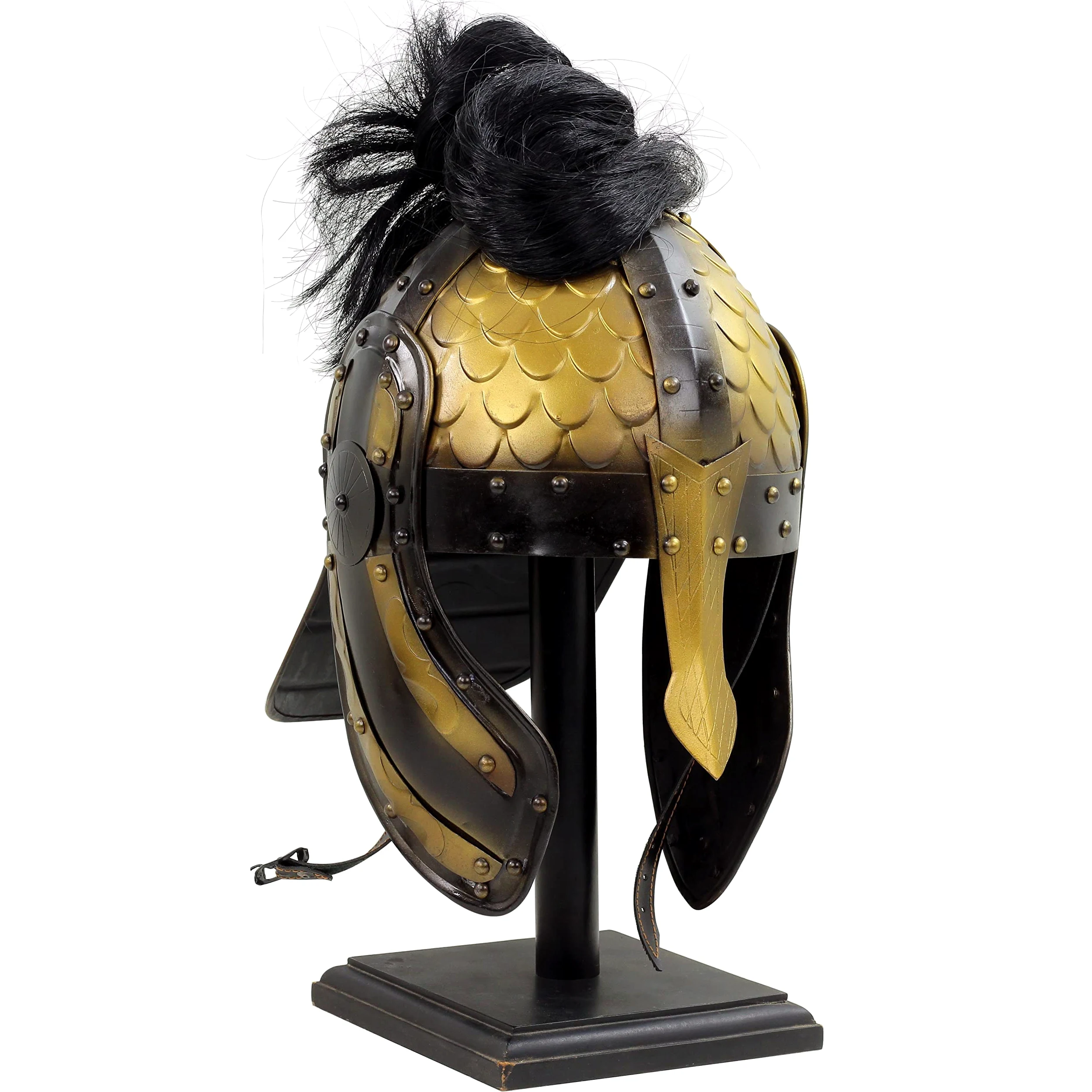 Casco nasal medieval | Superficie en relieve con aletas con acabado negro antiguo y bronce y correas de barbilla. Pelo negro y base de soporte de madera