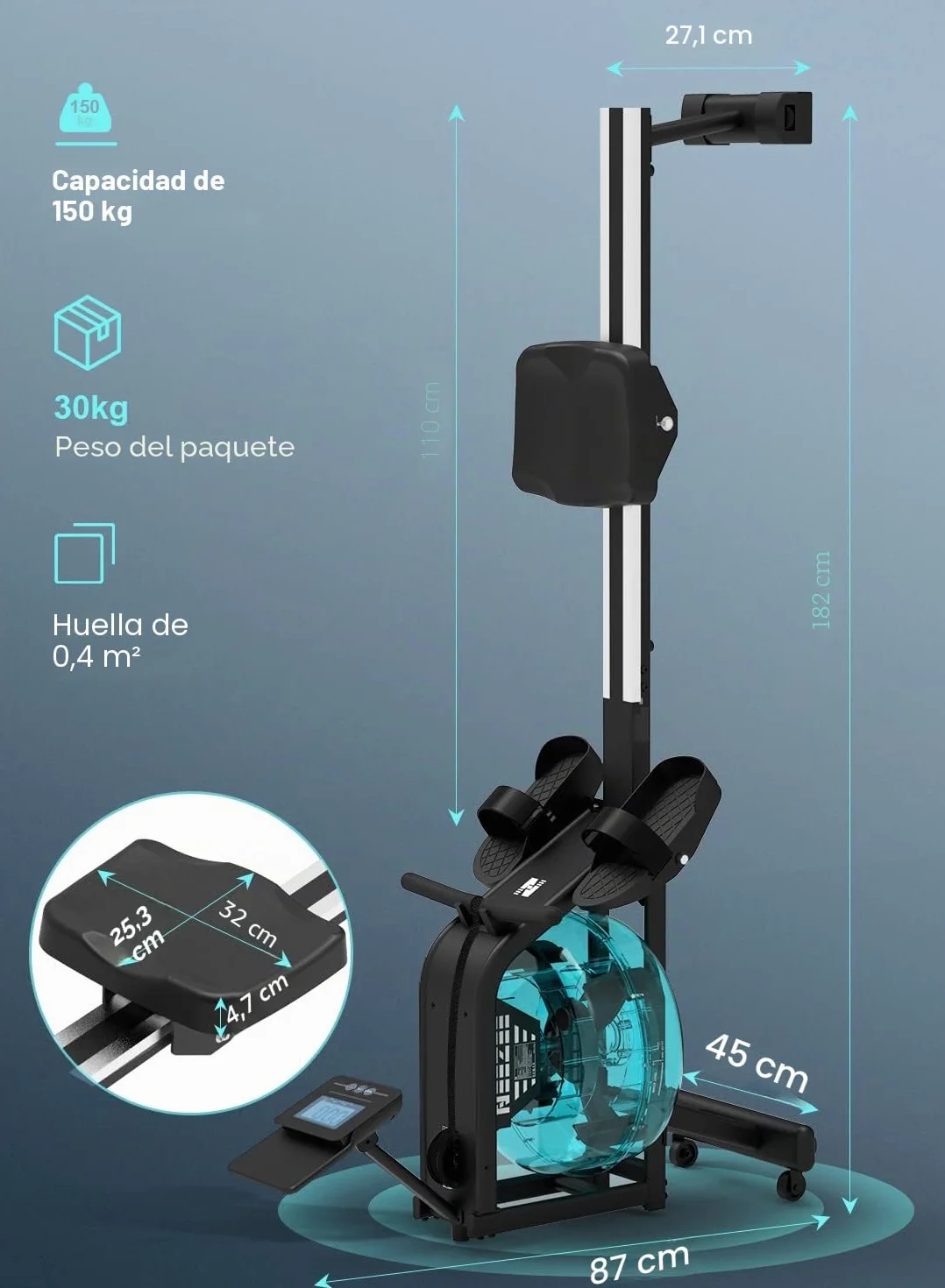 Neezee Máquina de Remo, máquina de Remo para Gimnasio en casa con riel de Aluminio, máquina de Remo de Agua con Soporte para Tableta, Resistencia al Agua y Pantalla LCD