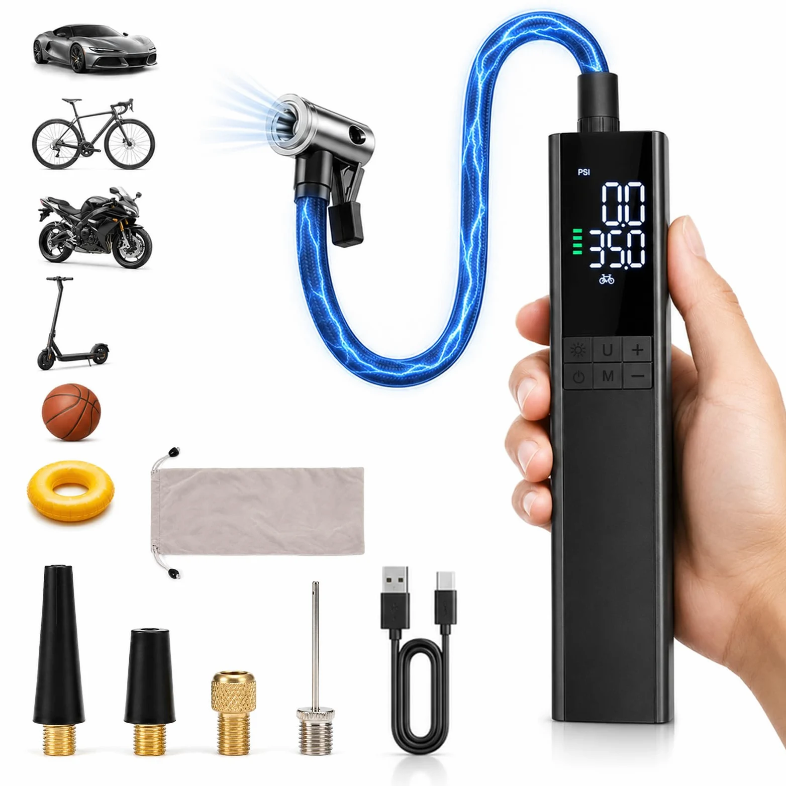 Bomba de aire eléctrica 150PSI con autostop – Compresor de batería EPERSU portátil, preajuste preciso de presión bomba de bicicleta para coche, moto, bicicleta eléctrica, scooter eléctrico y pelotas