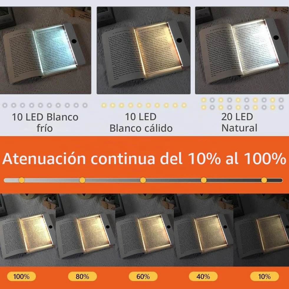 Luz Plana para Libros LED Recargable, 3 Colores Protección Ocular Ajustable, Blanco