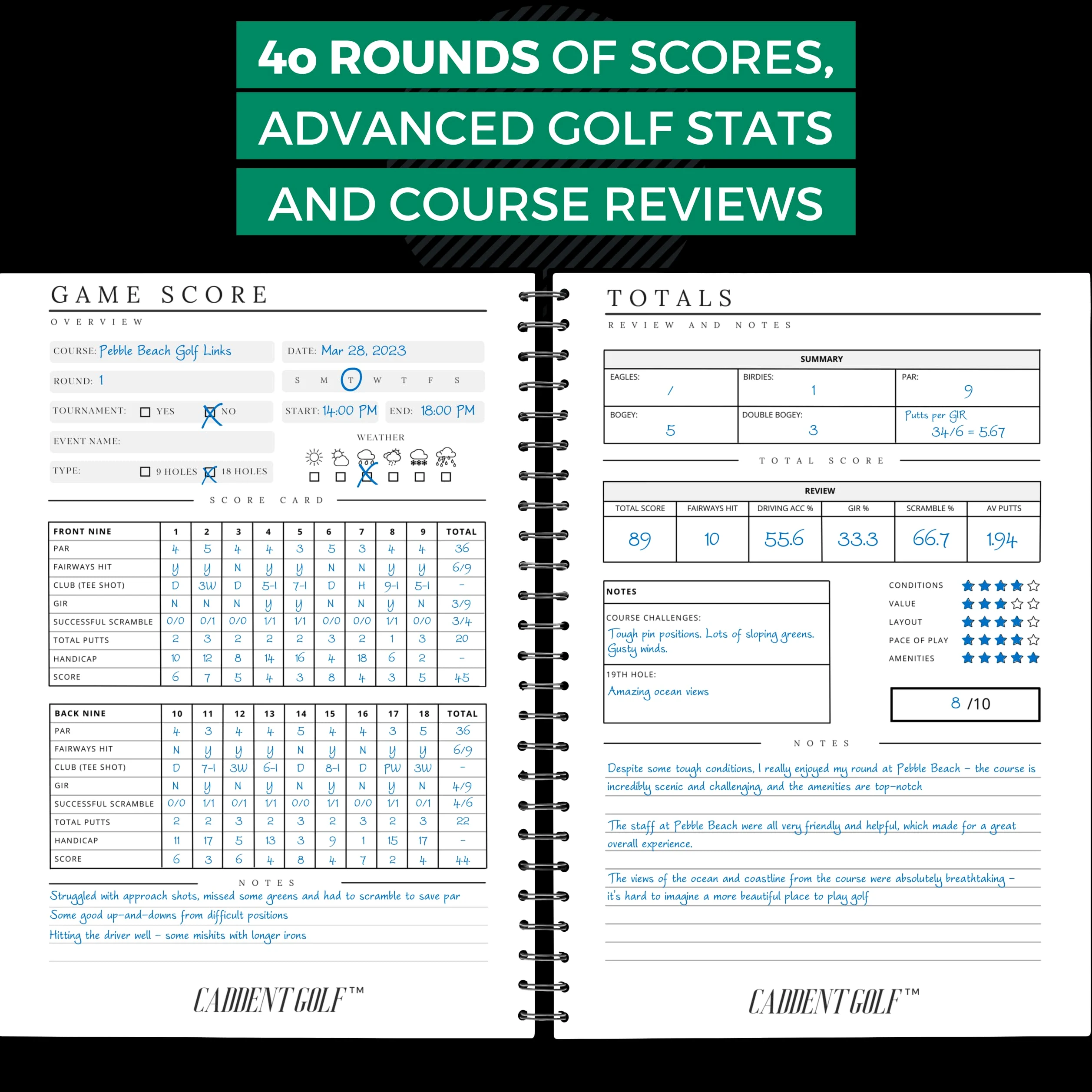 Cuaderno de Registro de Golf 150 páginas Encuadernado con Alambre para Estadísticas de Práctica y Tarjetas de Puntuación