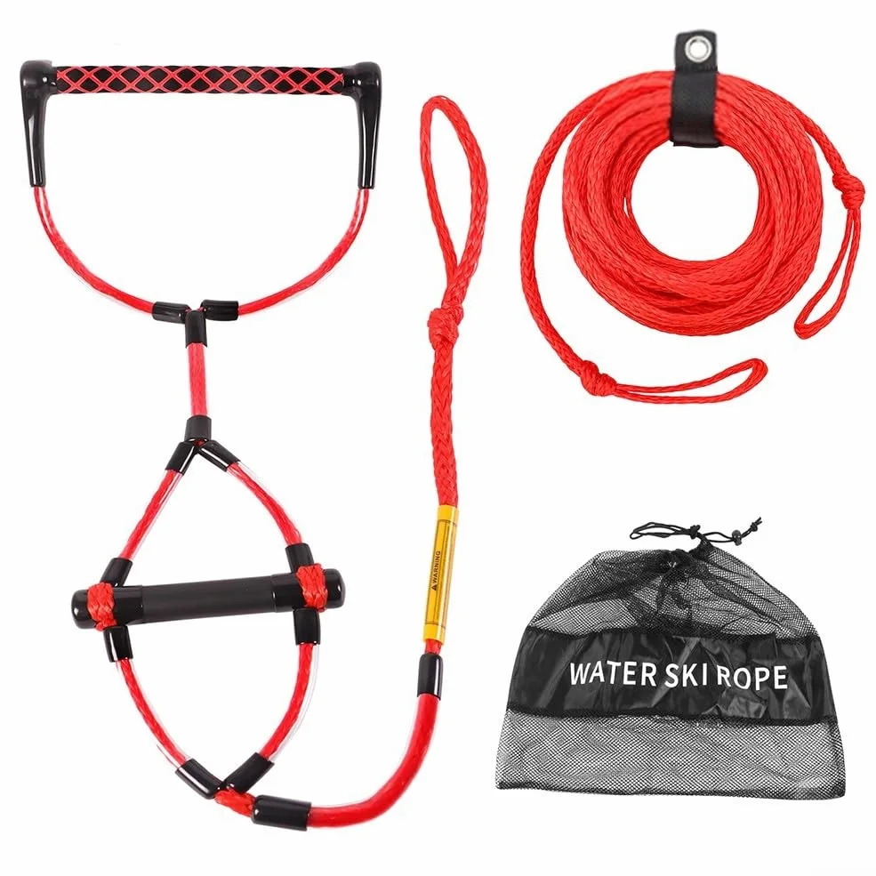 Cuerda de remolque para deportes acuáticos de 75 pies con mango de EVA, línea de wakeboard ajustable para rodillas, esquí acuático, tubo, rafting, diseño flotante, color rojo y negro