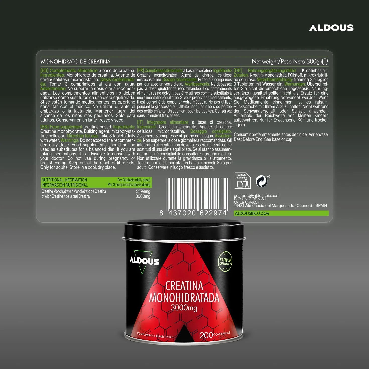 Creatina Monohidratada 3000mg 200 Comprimidos Fáciles de Partir Recuperador Muscular Suplemento Deportivo ALDOUS