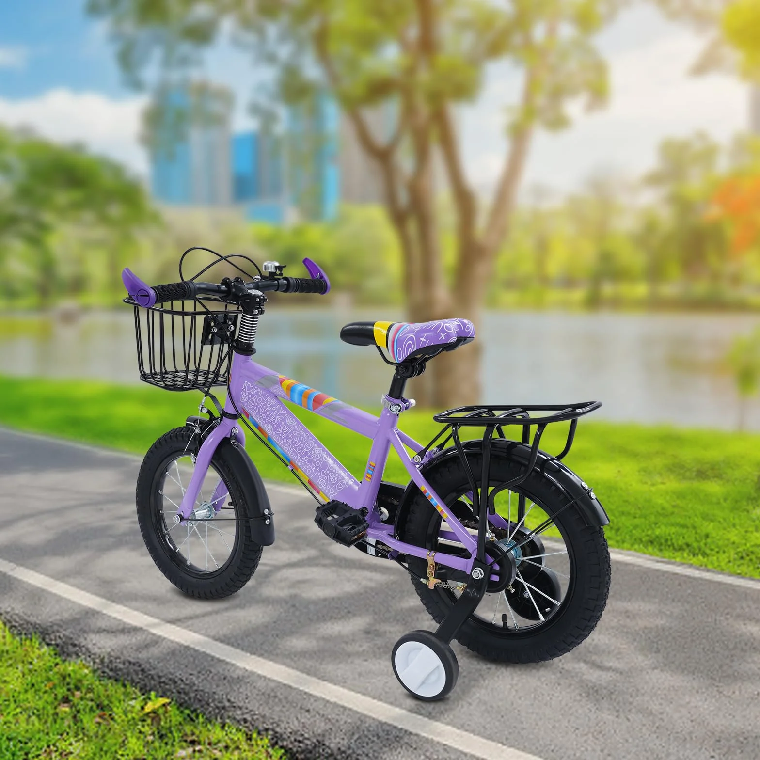 Bicicleta infantil 14 pulgadas con asiento trasero y cesta, ruedas estabilizadoras, altura regulable, acero resistente