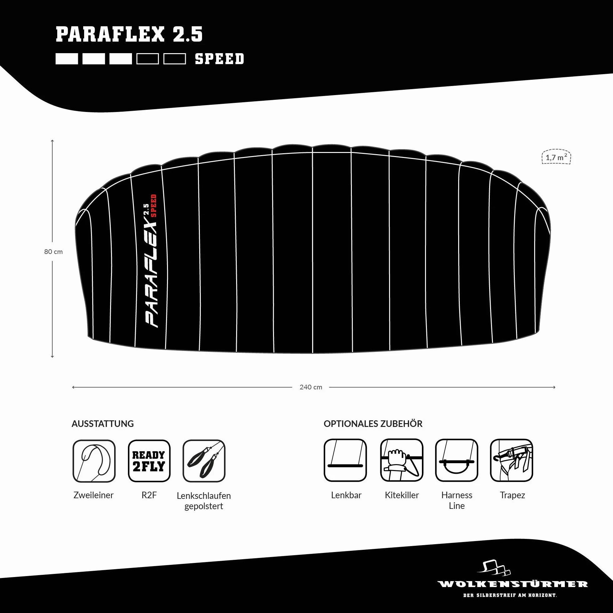 Wolkenstürmer Paraflex Speed 2.5 tapete de dirección | Cometa | para Altas velocidades (R2F)