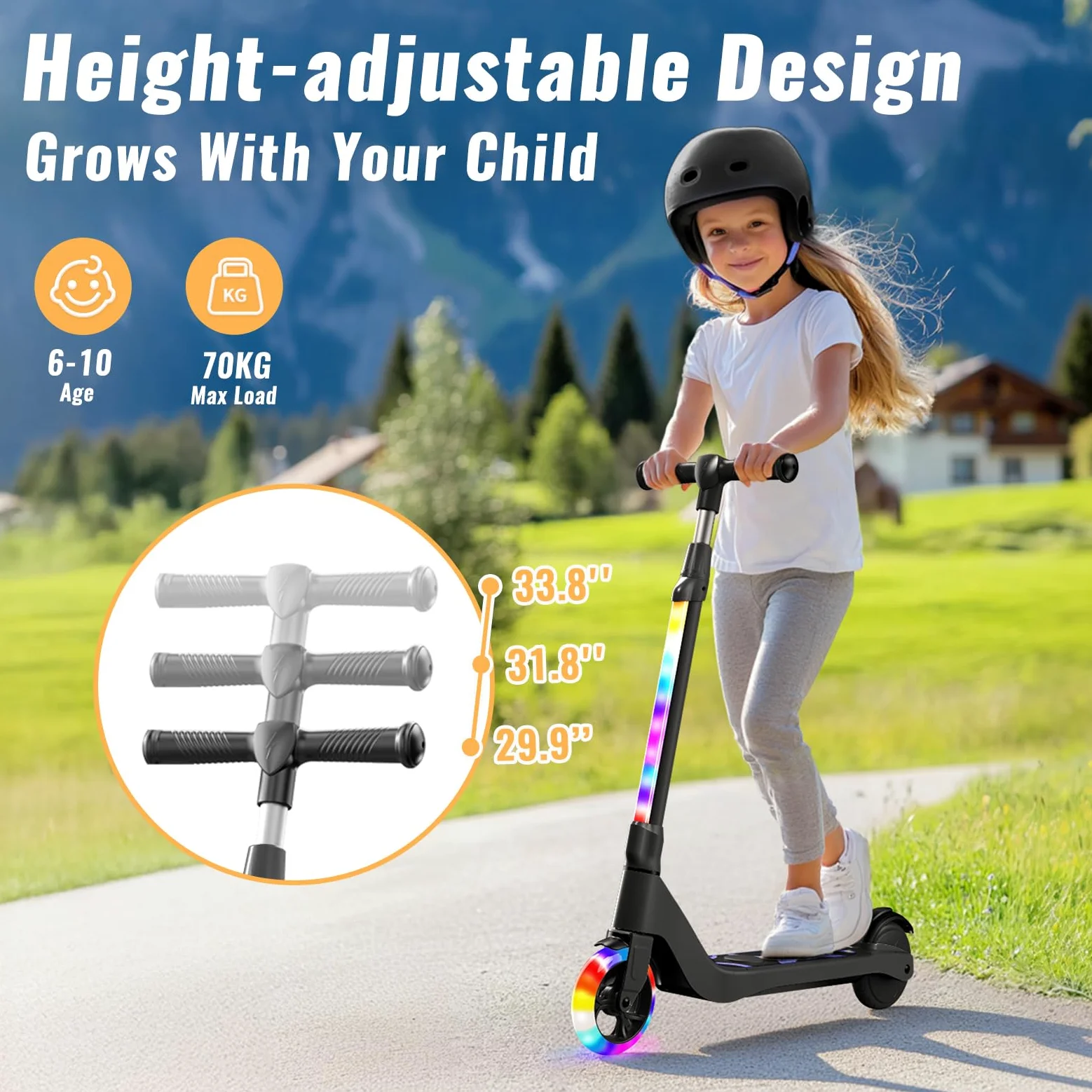 TST Patinete Eléctrico para Niños de 6 a 10 años, con Luces LED, Patinetes Niño con 3 Niveles de Ajuste, Scooter Eléctrico Niños con Ruedas de 5,3" y una Velocidad Máxi 10 km/h y una Carga Máxi 70 kg