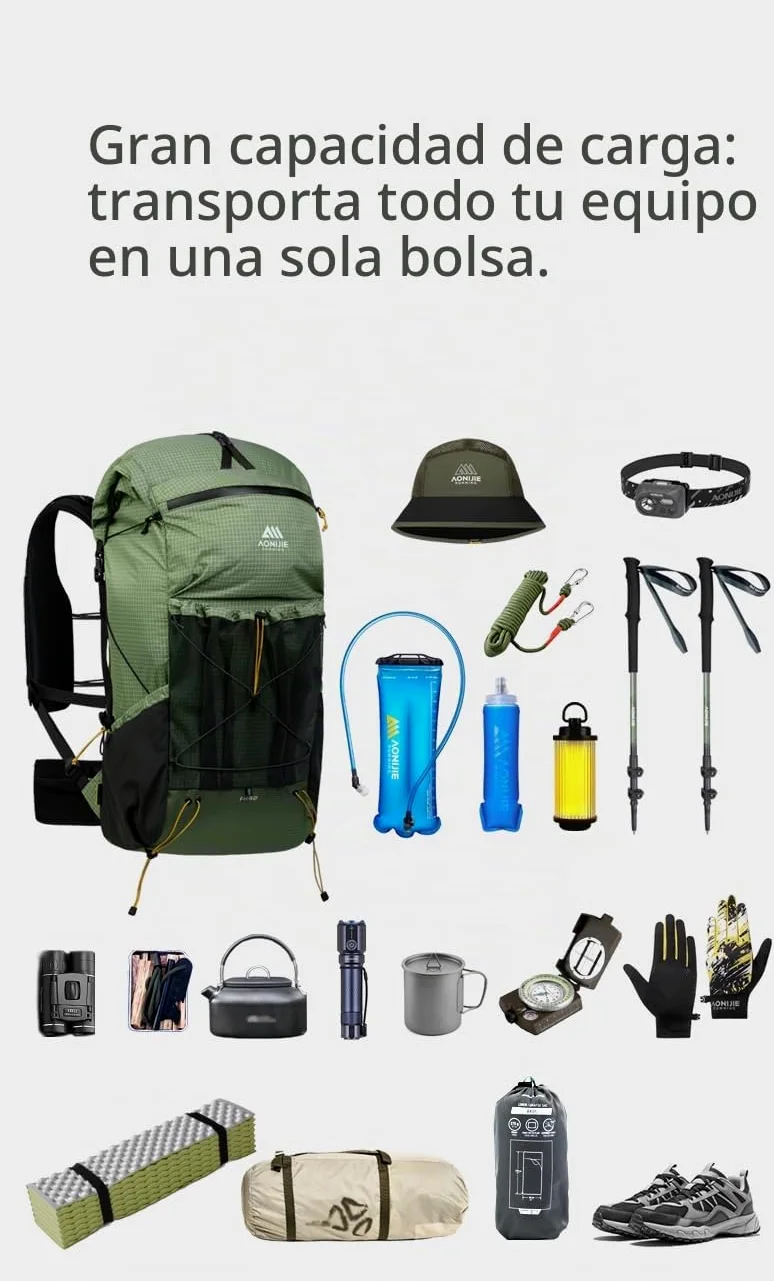 AONIJIE Mochila de gran capacidad de 42L para escalada al aire libre, camping, senderismo, trekking, montañismo, Negro , L, Diseñador