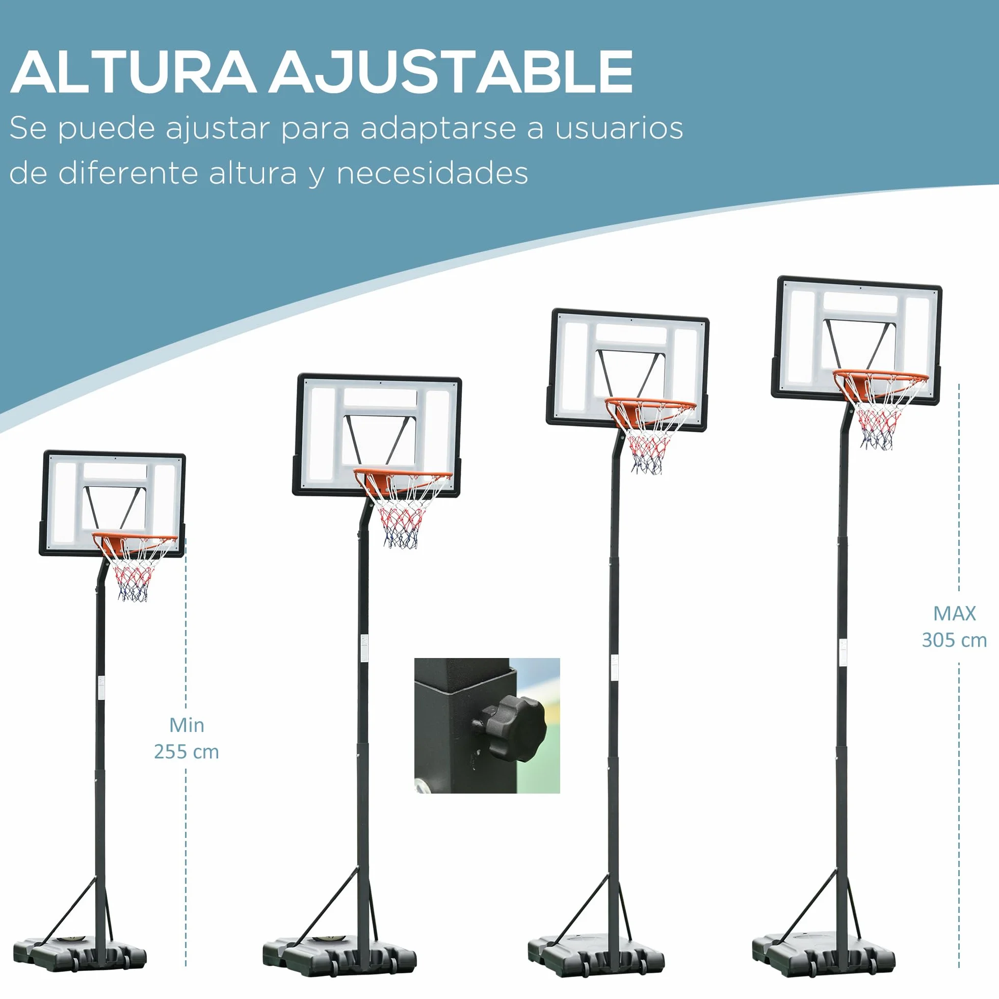 HOMCOM Canasta de Baloncesto Aro Portátil Ajustable Altura 302-352 cm Base Rellenable con Ruedas Negro