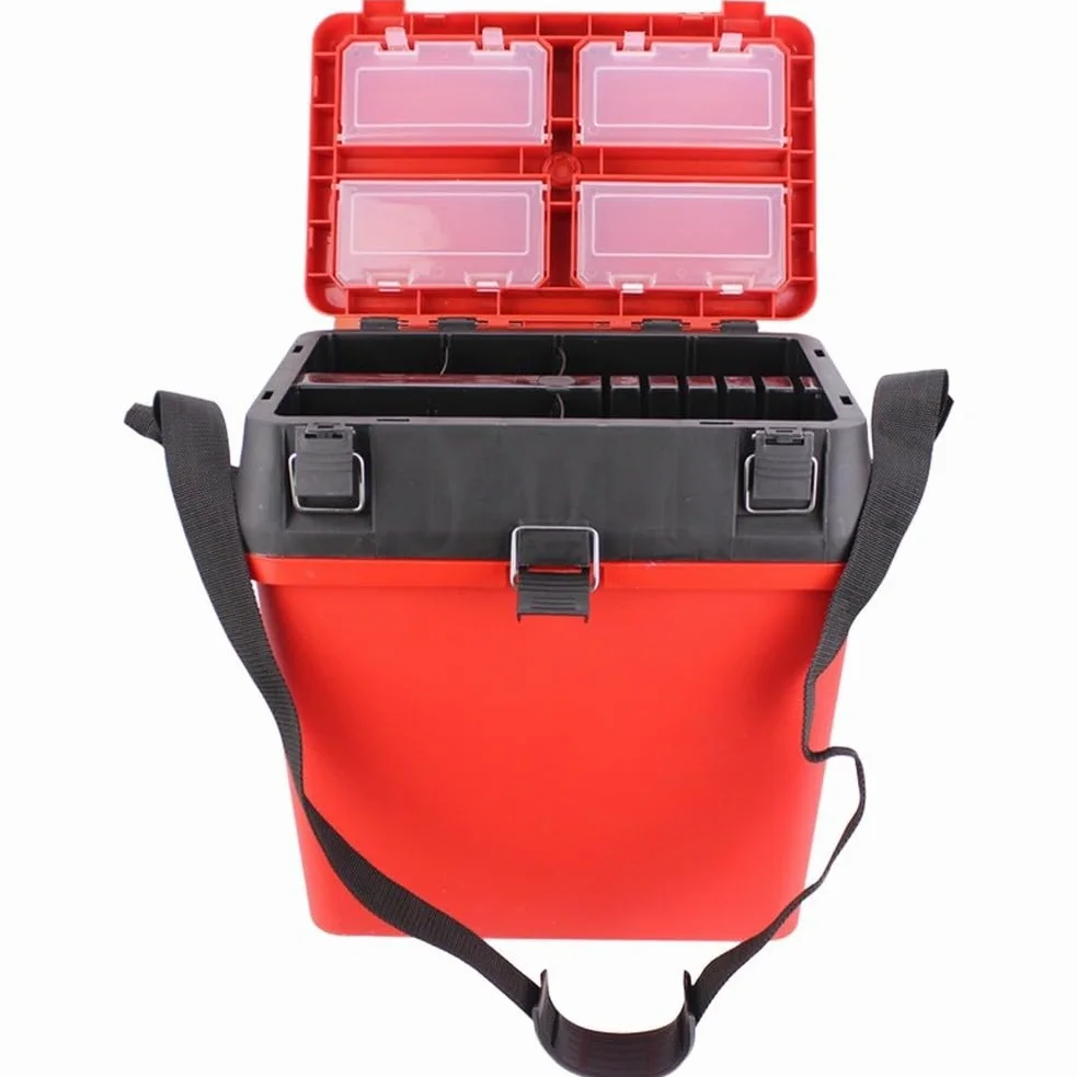 Caja de aparejos de pesca con correas ergonómicas, asiento desmontable, interior modular y sistema de hebilla superior segura (azul)
