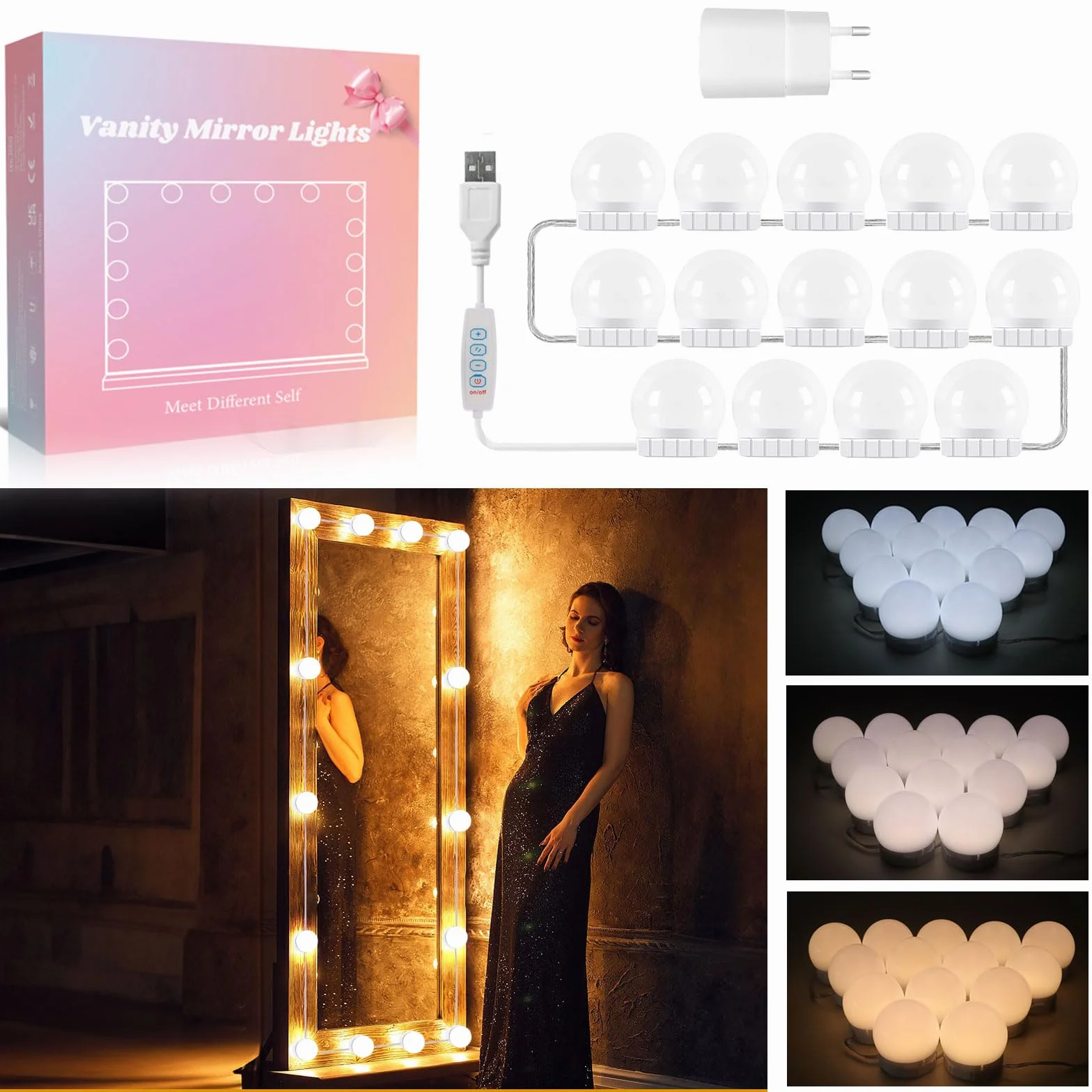 Lumière de Miroir LED Hollywood Dimmable Kit de 14 Ampoules avec Adaptateur USB Câble Réglable 3 Couleurs 10 Intensités