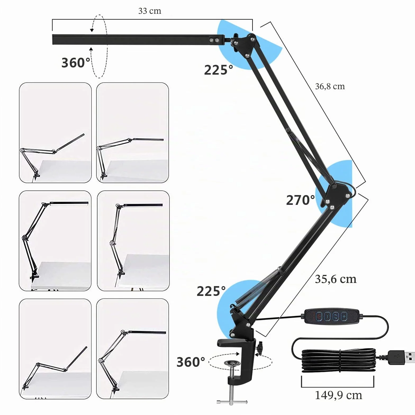 SKYLEO Lámpara Escritorio LED Flexo con Clip, Protección Ocular, 3 Modos de Luz, 10 Niveles de Brillo, Negro