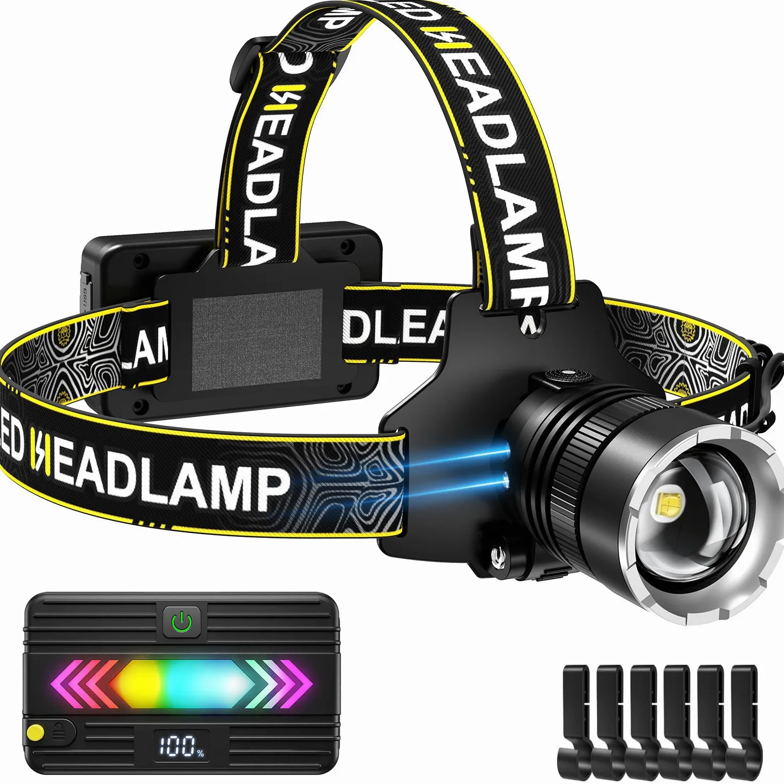 SPK Linterna frontal recargable de 90.000 lúmenes, superbrillante, 5 modos de luz frontal con sensor de movimiento, linterna frontal para adultos con zoom, luz frontal para camping y sombrero duro