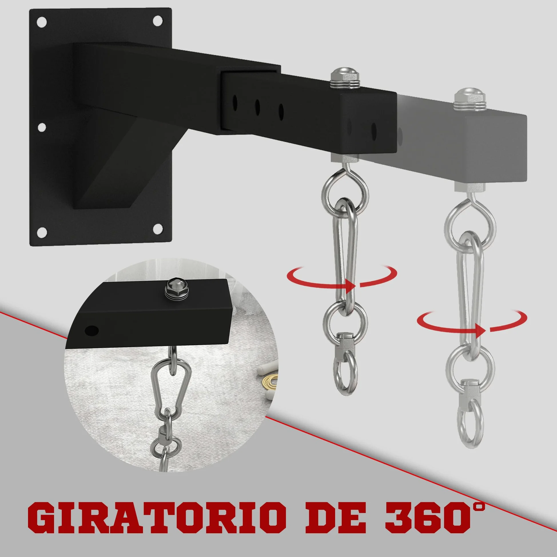SPORTNOW Soporte Saco Boxeo de Pared, Distancia Ajustable 45-65 cm, Gancho Giratorio 360°, Cadenas, Carga 60 kg, Negro