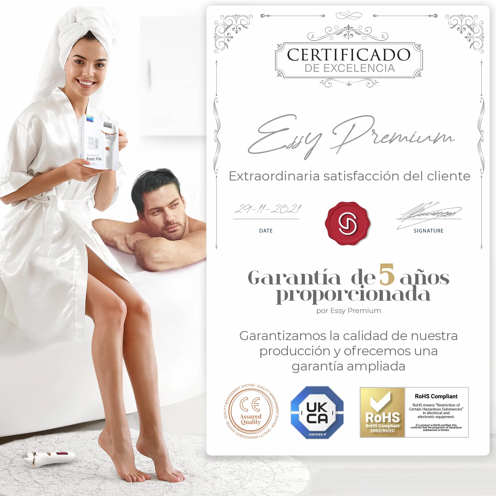 Lima Eléctrica para Pies con 5 Rodillos de Repuesto – Removedor de Callos Recargable, 2 Velocidades, Pantalla LED, Carga USB, Kit de Pedicura Blanco
