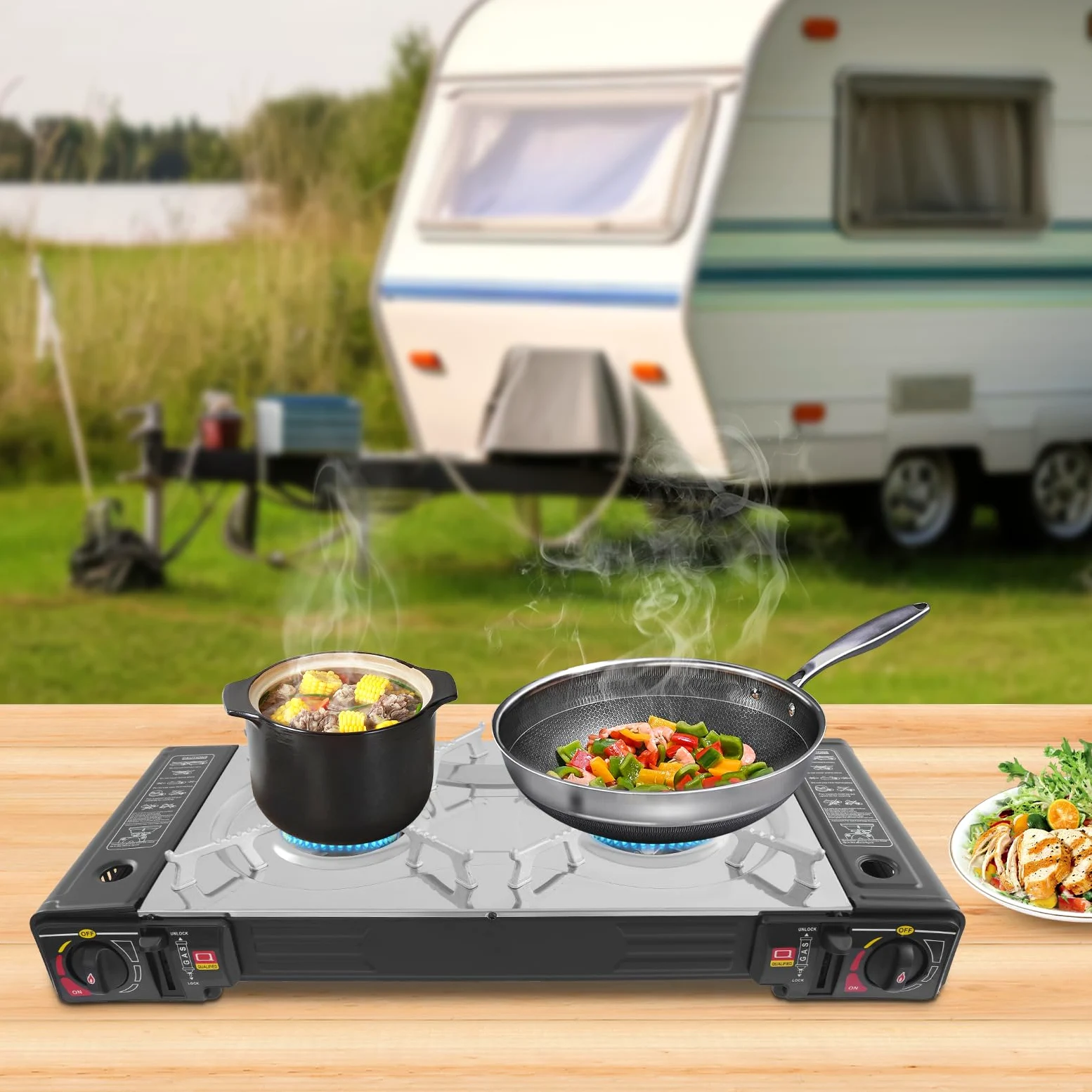 Hornillo de gas para camping de 2500 W, 2500 W, set con parrilla, placa de gas portátil con maletín, cocina de gas rectangular doble, cocina de camping, cocina de gas para exterior, balcón y mesa