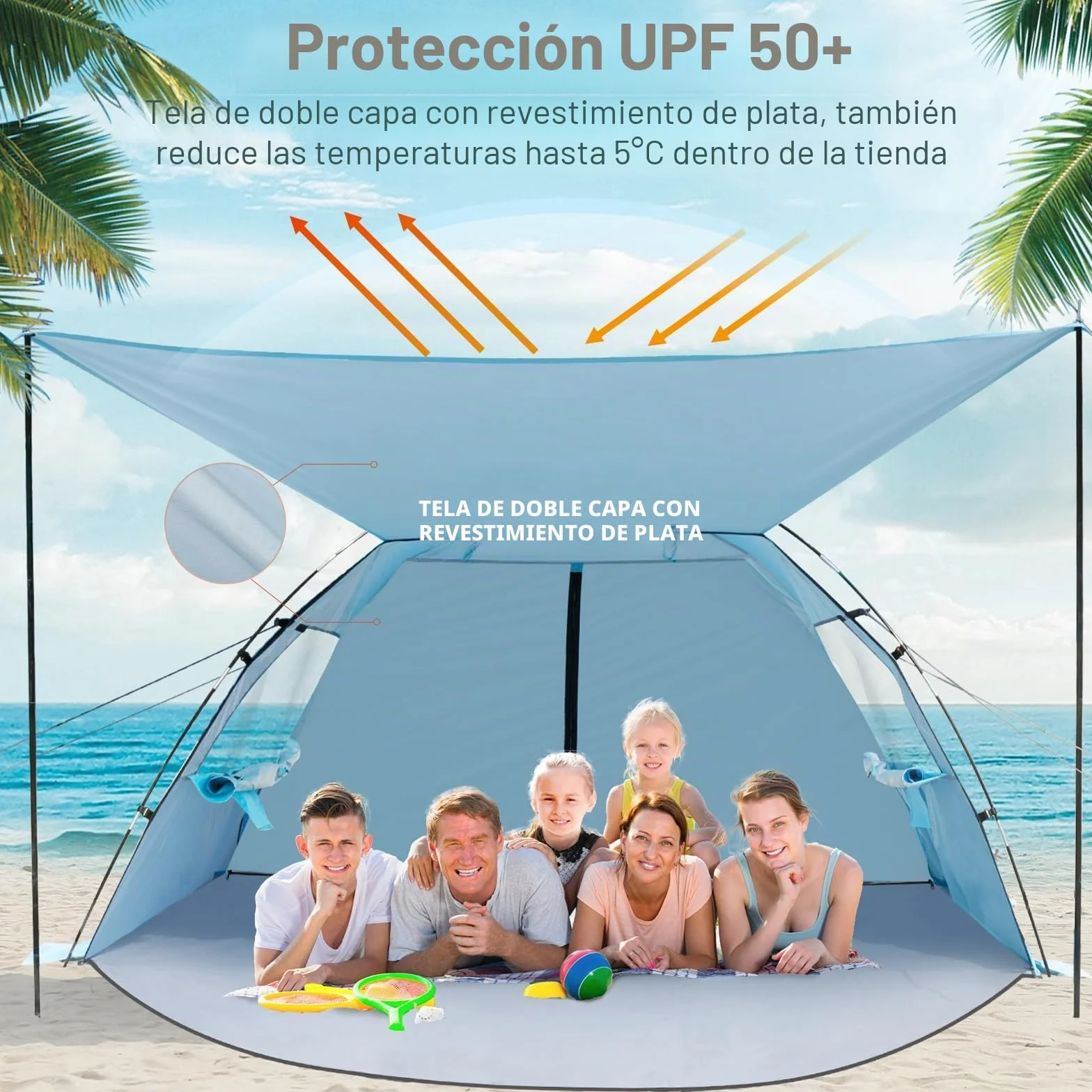 Elegear Tienda de Playa 6-8 Personas Protección UV UPF 50+ Portátil 260x165x150cm Azul