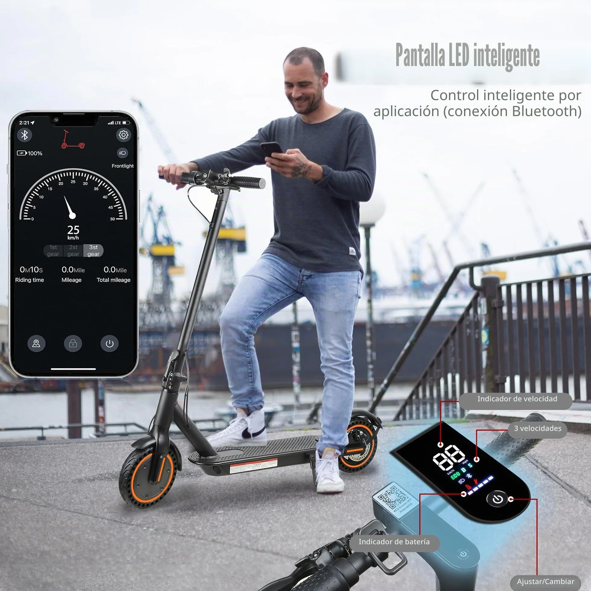 Patinete eléctrico Adulto, Velocidad 25 km/h, autonomía 30 km, neumáticos llenos de 8,5 Pulgadas, Patinete eléctrico Plegable con Motor de 250 W, Doble frenado y Control vía App y Pantalla LED
