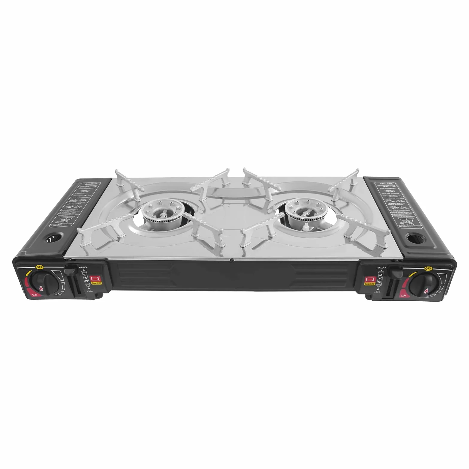 Hornillo de gas para camping de 2500 W, 2500 W, set con parrilla, placa de gas portátil con maletín, cocina de gas rectangular doble, cocina de camping, cocina de gas para exterior, balcón y mesa