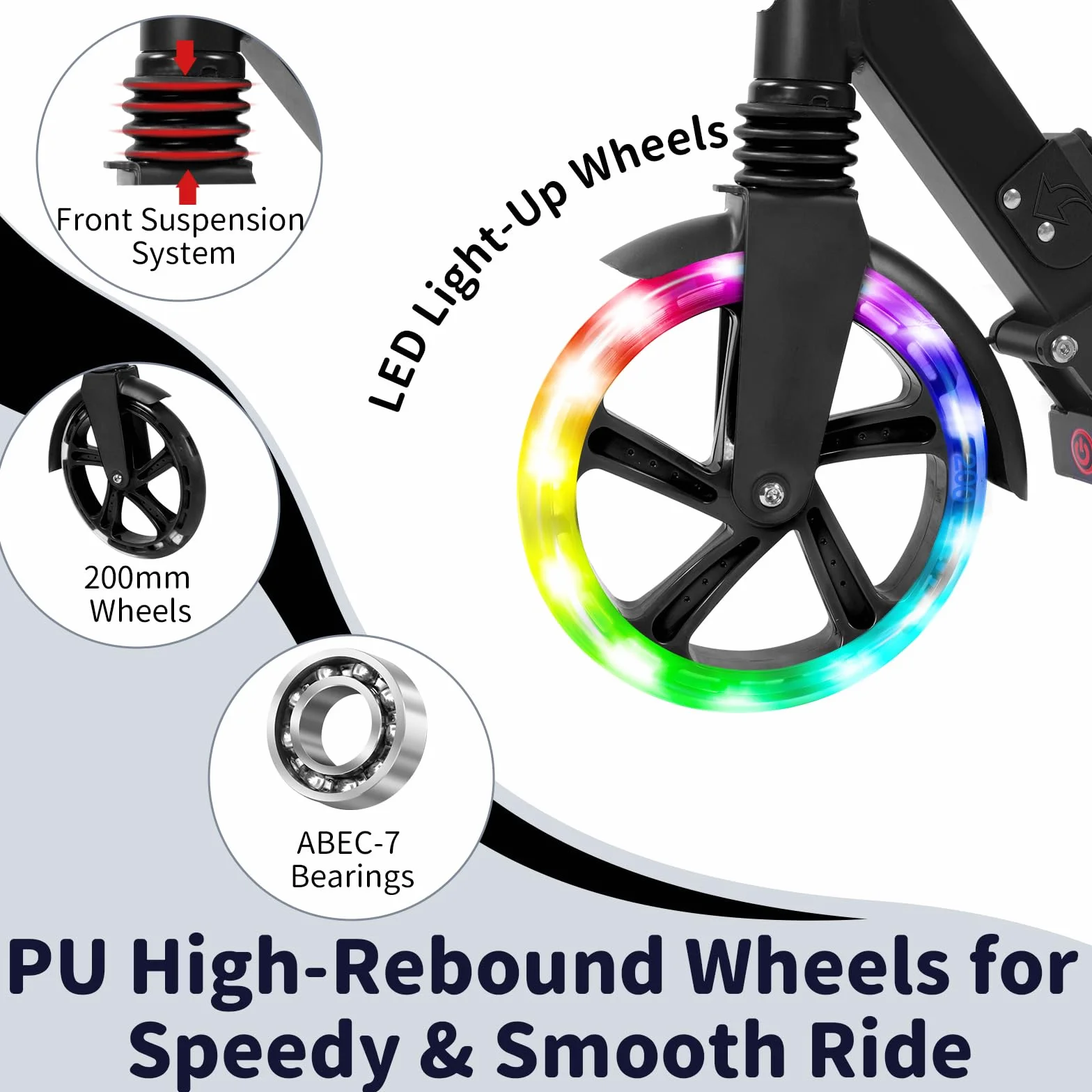 BELEEV Patinete Plegable 2 Ruedas con Luces LED, Rueda 200mm, Altura Ajustable, Adulto Niño