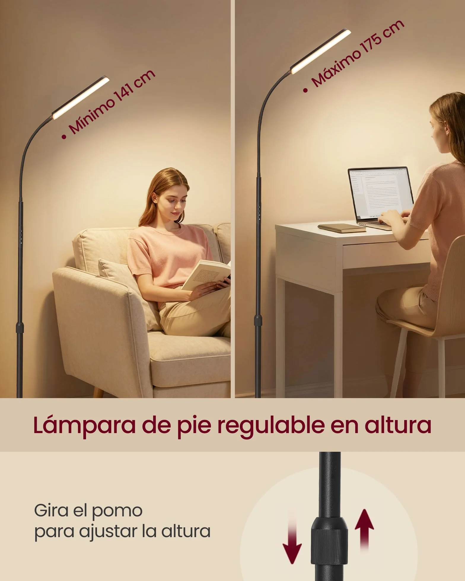 VASAGLE Lámpara de Pie Ajustable 141-175 cm 15 W 360° Flexible Temporizador Control Remoto Negro Mate