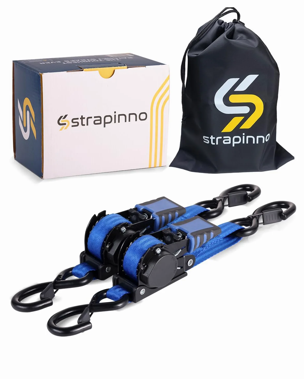Strapinno - 2 Correas de Amarre, trinquete, retráctiles, 2,5 cm x 1,2 m, Resistente, Barco, Moto acuática, Resistencia a Rotura 1088 kg, Gancho en S, Clip de Seguridad, Seadoo, Waverunner, PWC, Azul