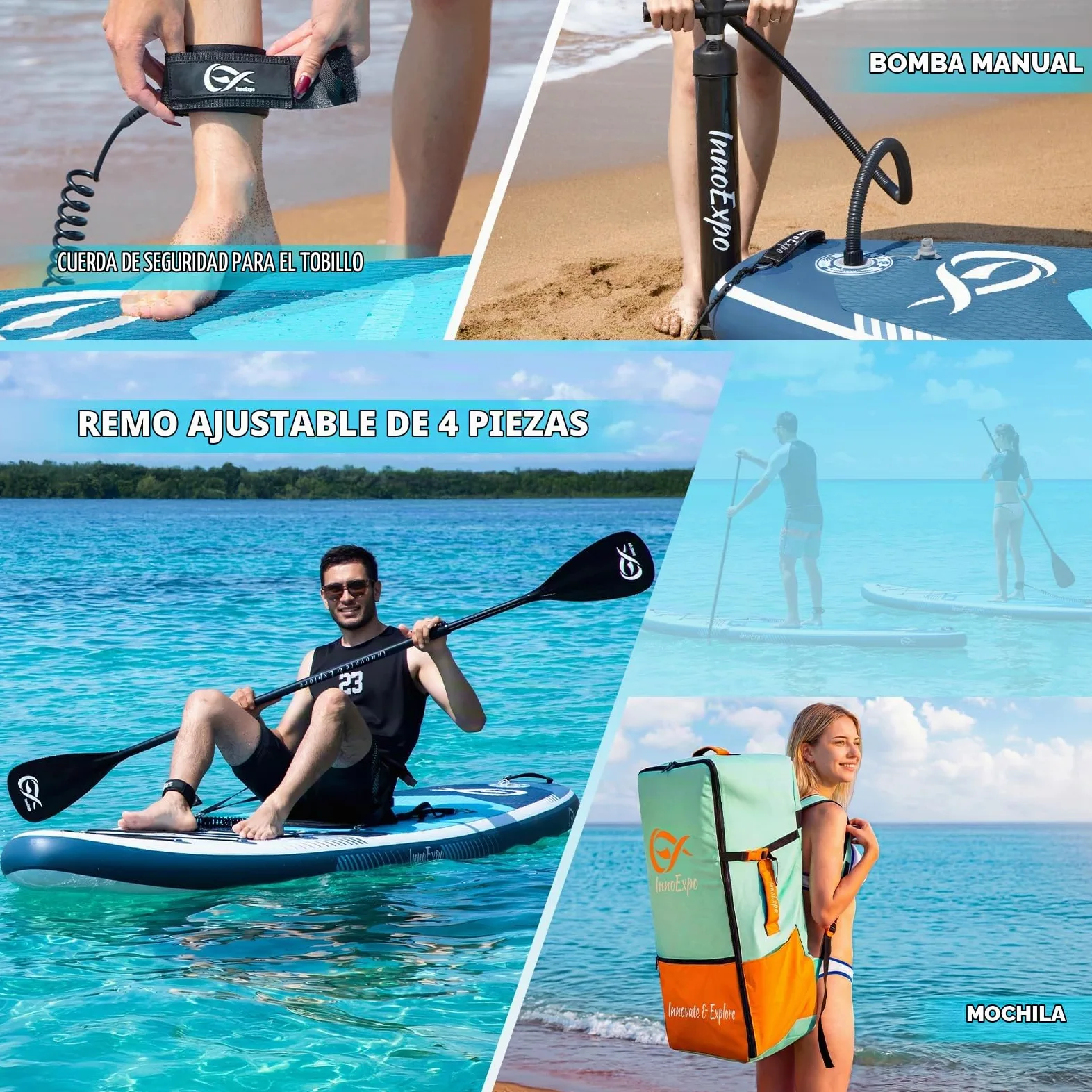InnoExpo Tablas de remo inflables con accesorios de primera calidad, diseño de tabla de remo SUP ancha y estable, cubierta antideslizante y cómoda para jóvenes y adultos