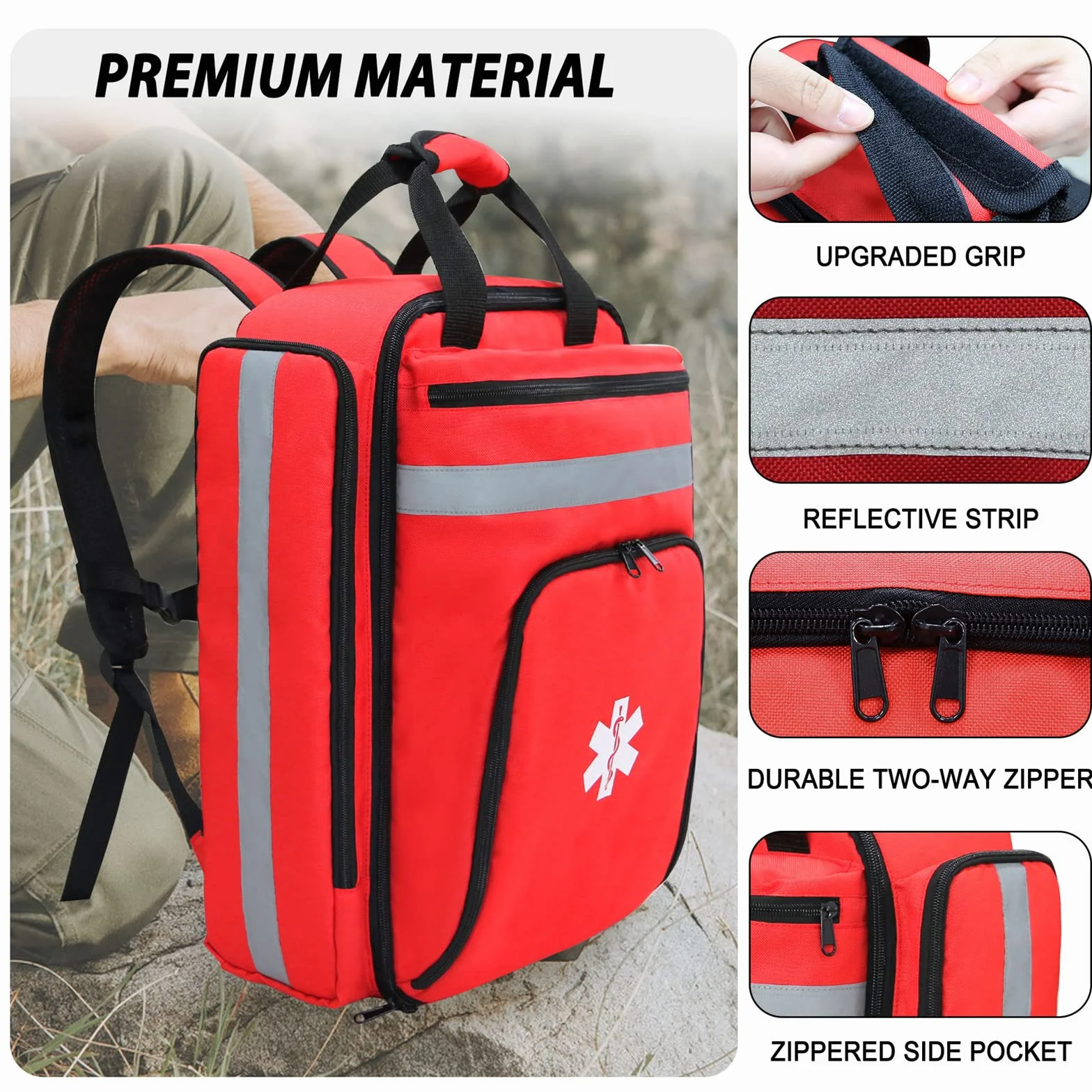 Mochila Médica de Emergencia Bolsa de Trauma Primeros Auxilios Reflectante Gran Capacidad Rojo