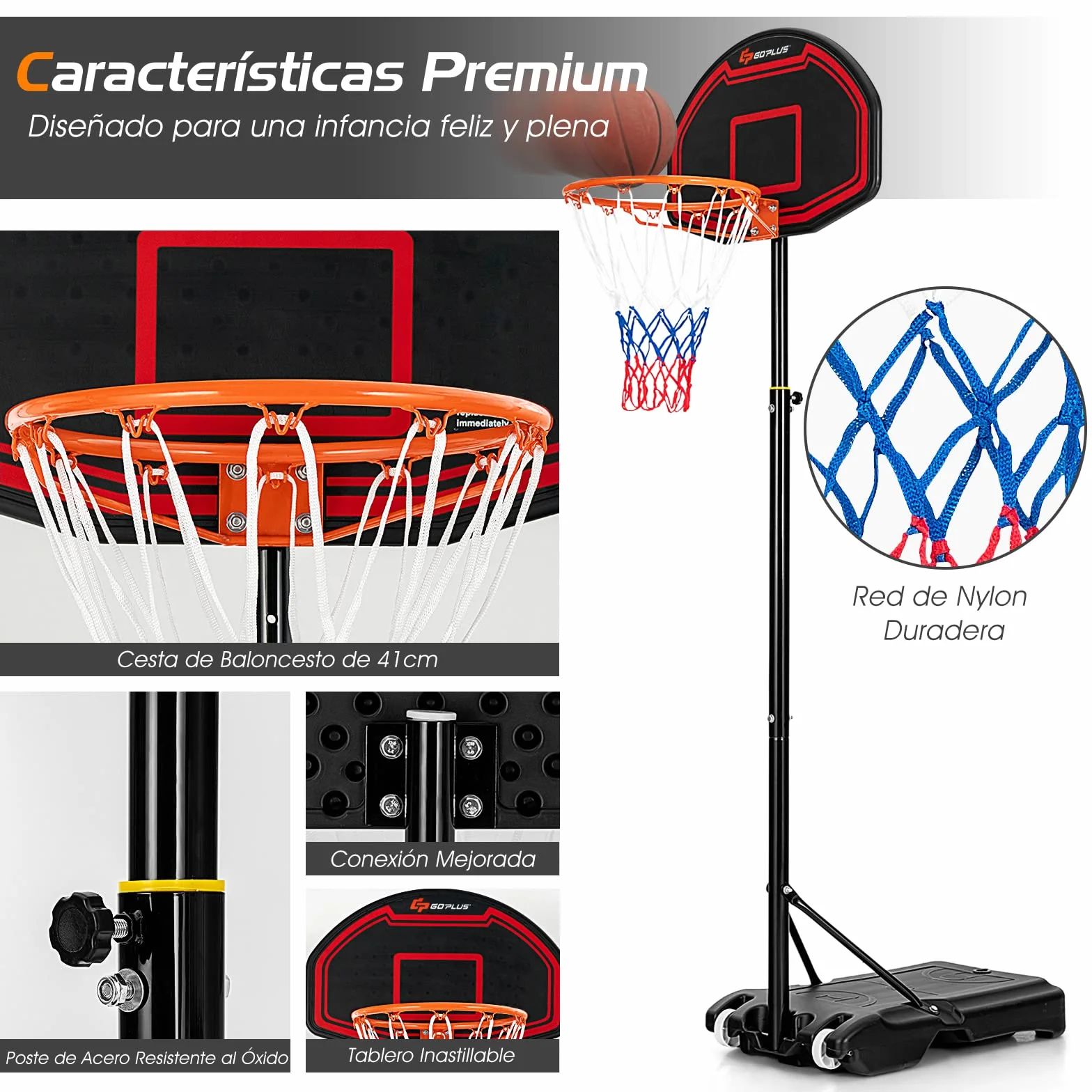 COSTWAY Canasta de Baloncesto para Niños, Soporte Regulable 192-247 cm, Tablero Inastillable, Portátil con Ruedas Rojo.Negro