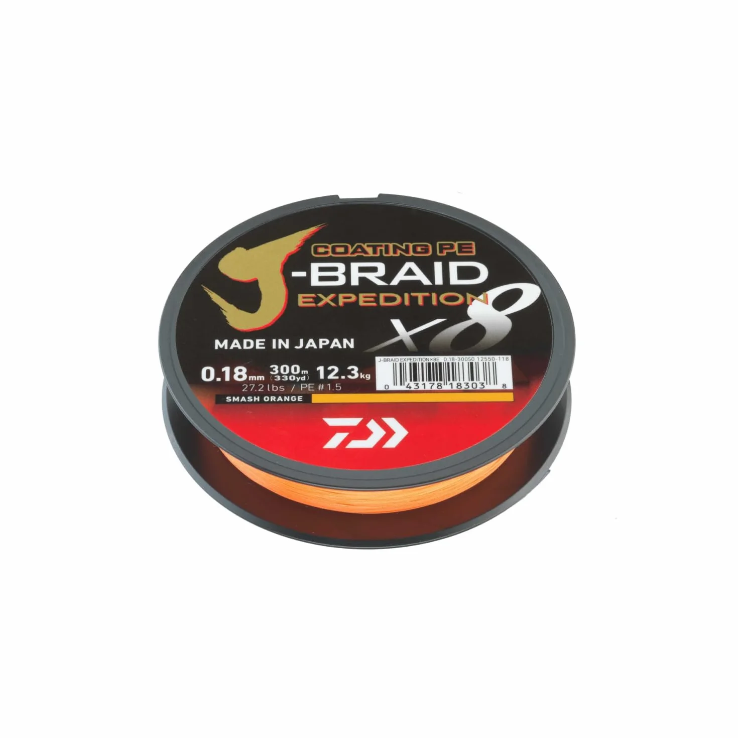DAIWA J-Braid Expedition X8E, 0,20mm, 16,0kg/35,3lbs, 300m, Smash Orange, Naranja, Sedal Trenzado, Hilo de Pescar, 12550-120