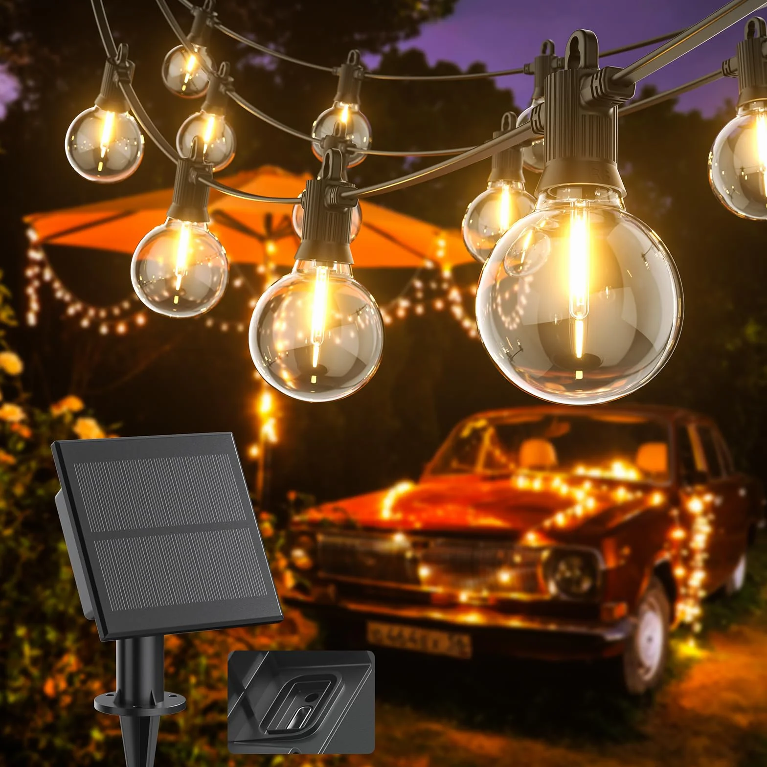 Kawaya Guirnaldas Luces Exterior Solar 10M Cadena LED USB Recargable 15+1 Bombillas G40 Blanca Cálida