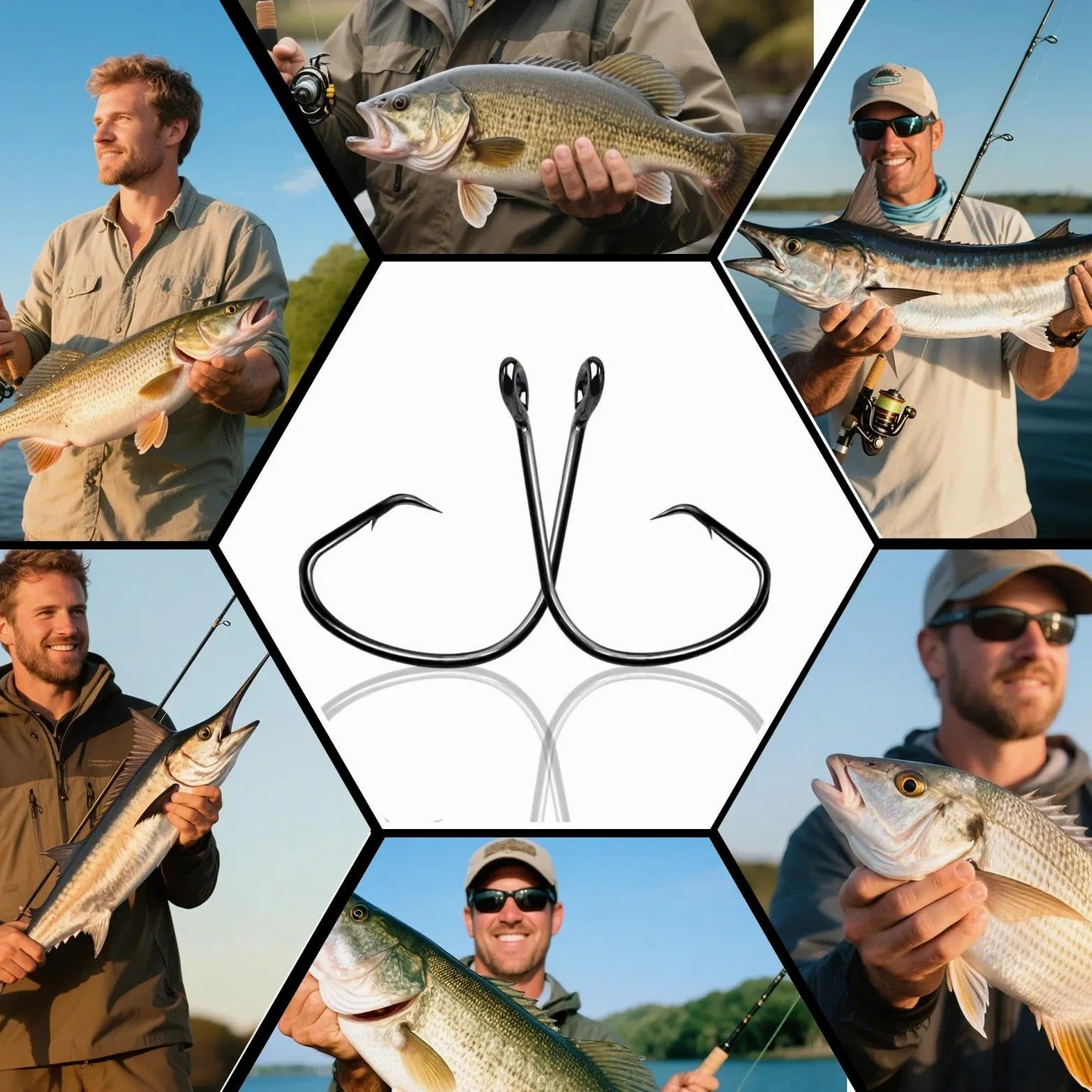 Anzuelos circulares de pesca para agua salada, anzuelos de cebo vivo con púas, níquel negro, amplio espacio para bagre a rayas