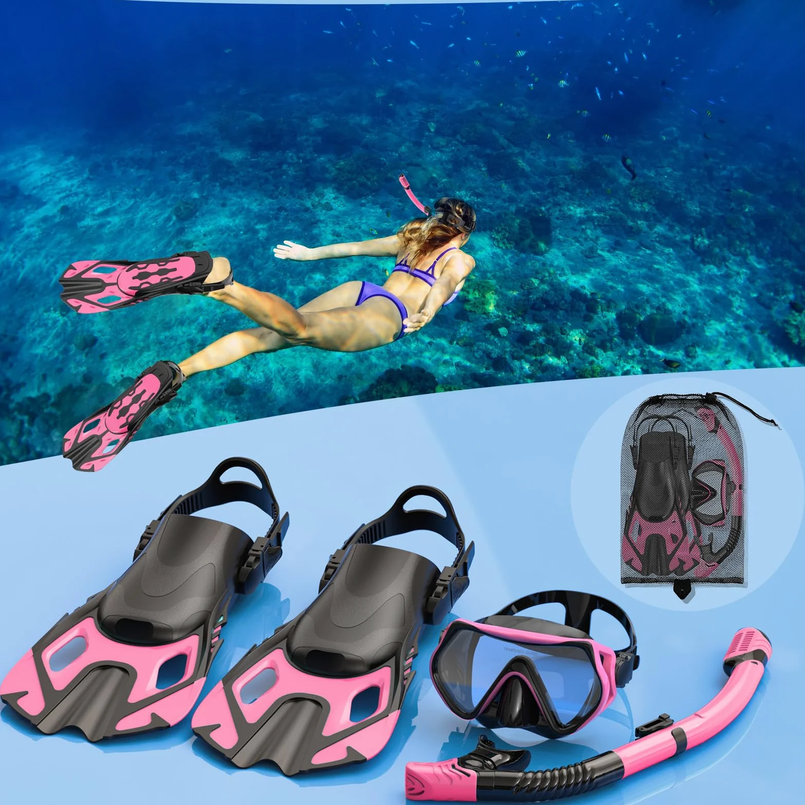 Equipo de esnórquel para adultos, juego de esnórquel de aleta de máscara, esnórquel de parte superior seca, kit de esnórquel, paquete de buceo de viaje, vista panorámica, antivaho, antifugas, rosa