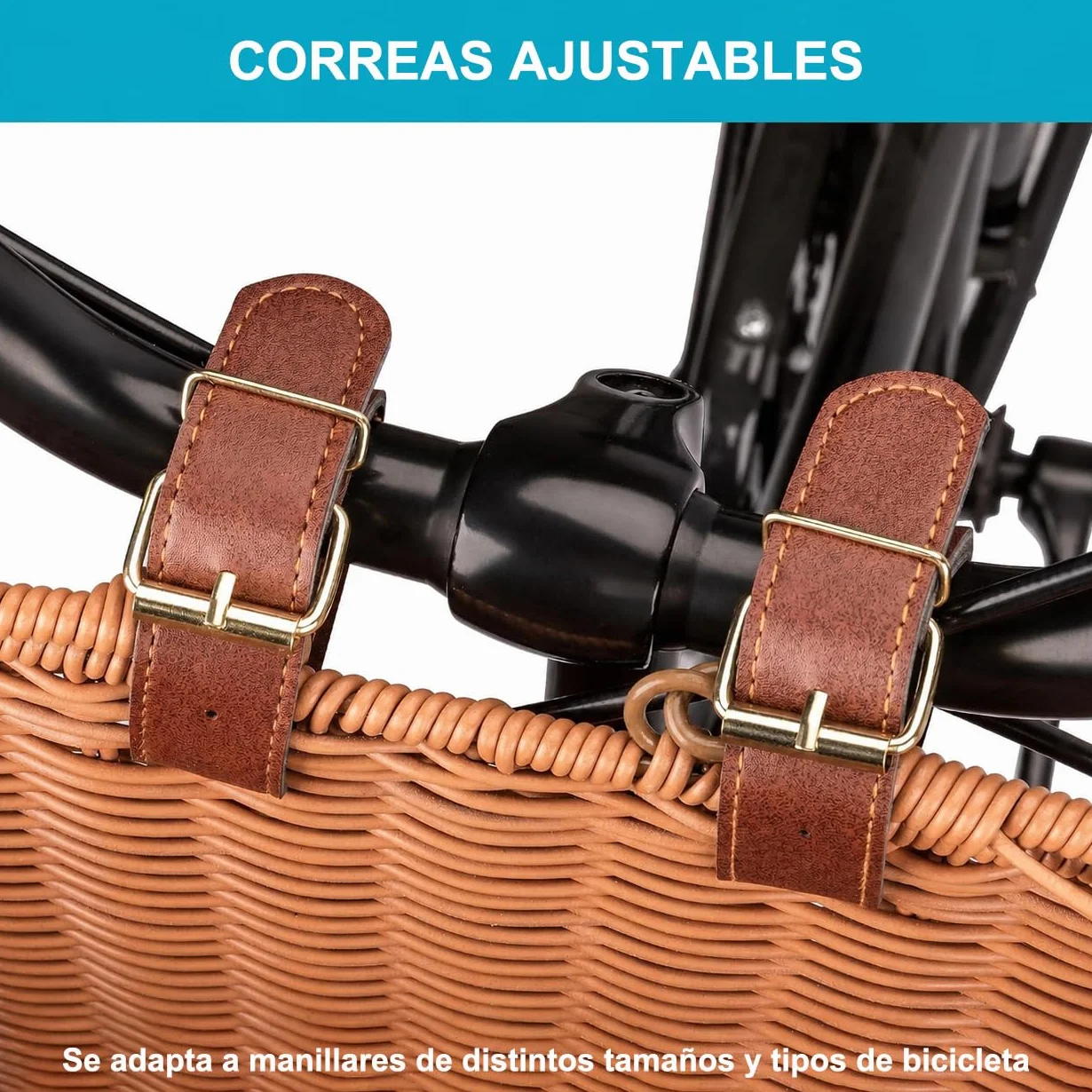 CXWXC Cesta de Bicicleta – Resistente Cesta Delantera – Cesta de Mimbre Tejida a Mano con Correas Ajustables de Cuero Vegano